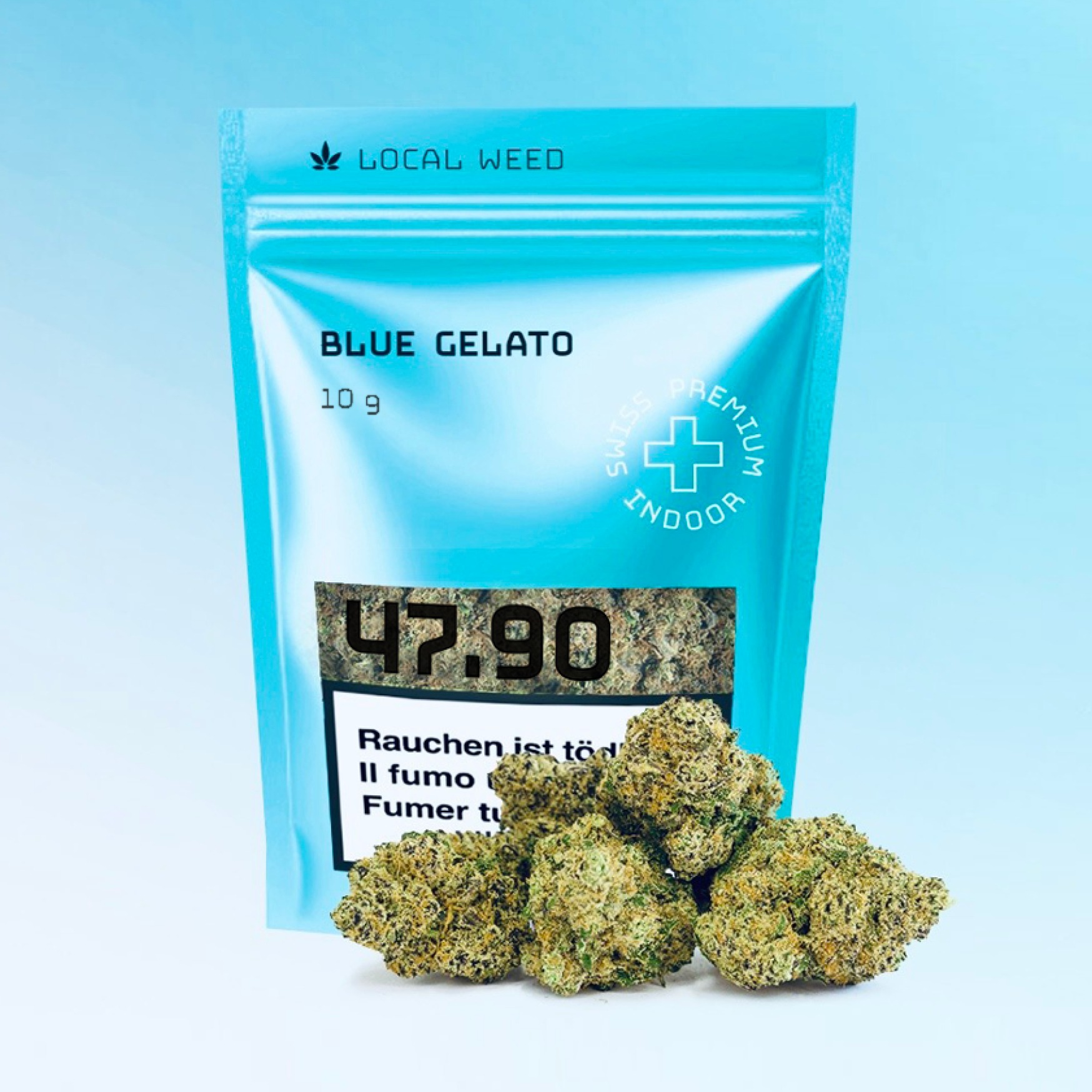 Eine blaue Verpackung von Localweed mit der Aufschrift 'Blue Gelato' und 'Swiss Premium Indoor'. Die Packung enthält 10g CBD Blüten, die vor der Verpackung zu sehen sind. Der Preis beträgt nur 47.90.