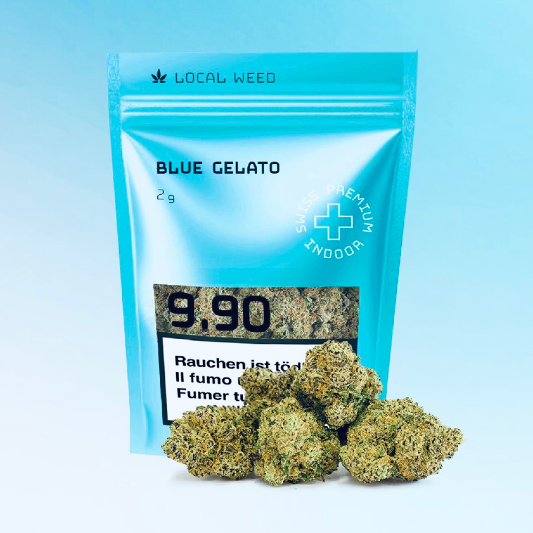 Eine blaue Verpackung von Localweed mit der Aufschrift 'Blue Gelato' und 'Swiss Premium Indoor'. Die Packung enthält 2g CBD Blüten, die vor der Verpackung zu sehen sind. Der Preis beträgt nur 9.90.