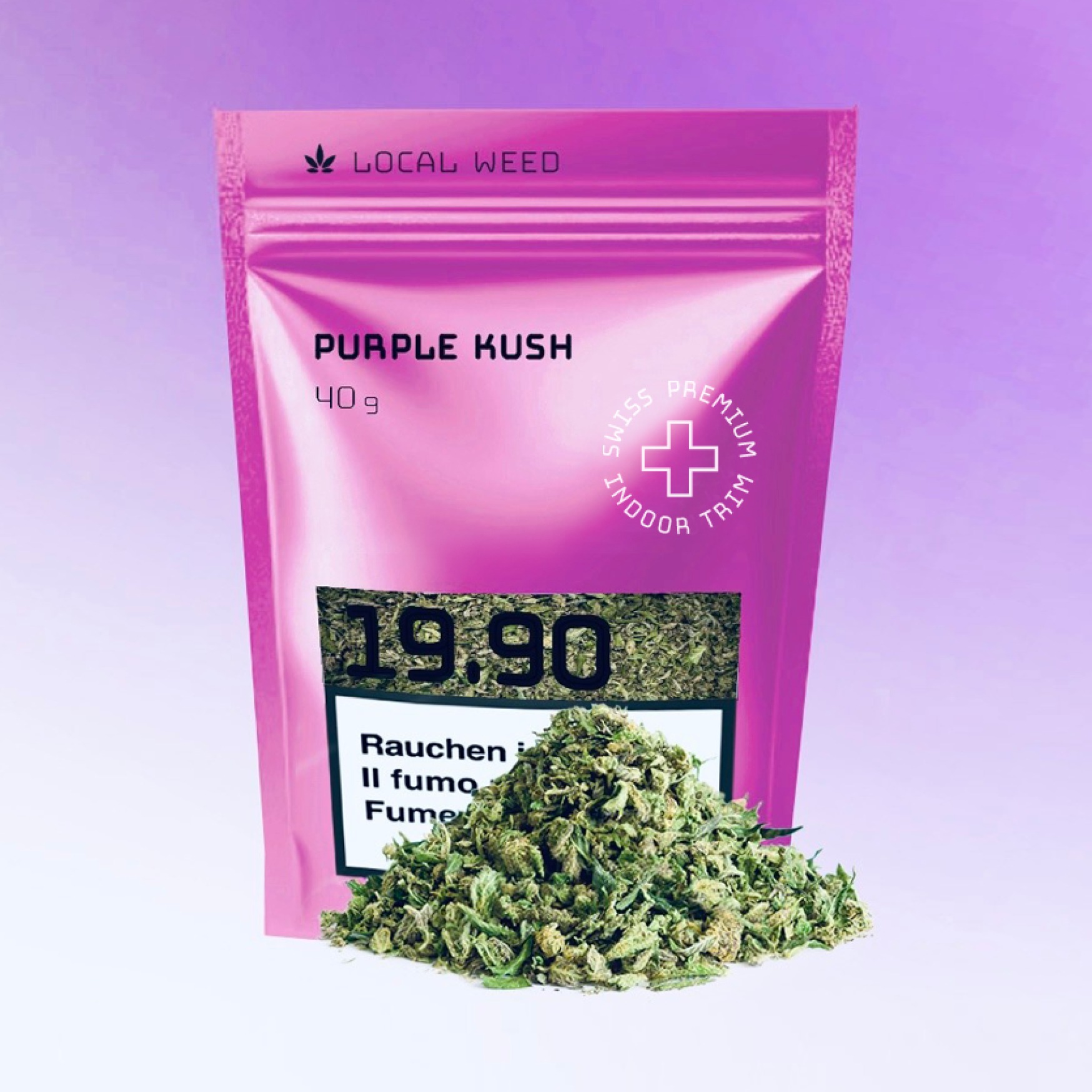 Eine lila Verpackung von Localweed mit der Aufschrift 'Purple Kush' und 'Swiss Premium Indoor'. Die Packung enthält 40g CBD Blüten, die vor der Verpackung zu sehen sind. Der Preis beträgt 19.90.