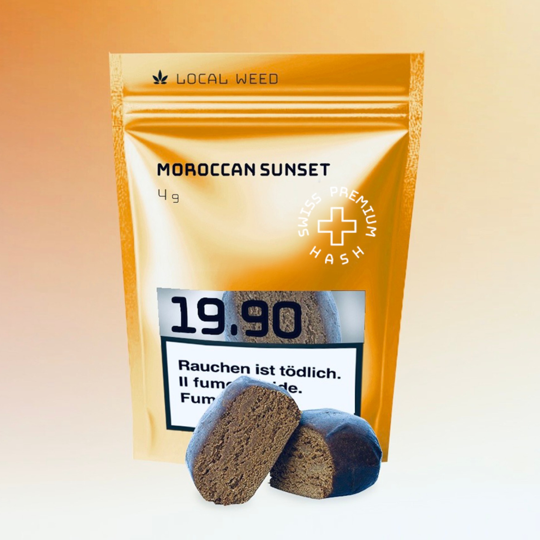 Eine orangefarbene Verpackung von Localweed mit der Aufschrift 'Moroccan Sunset' und 'Swiss Premium Indoor'. Die Packung enthält 4g premium schweizer CBD Hasch, das vor der Verpackung zu sehen ist. Der Preis beträgt 19.90.