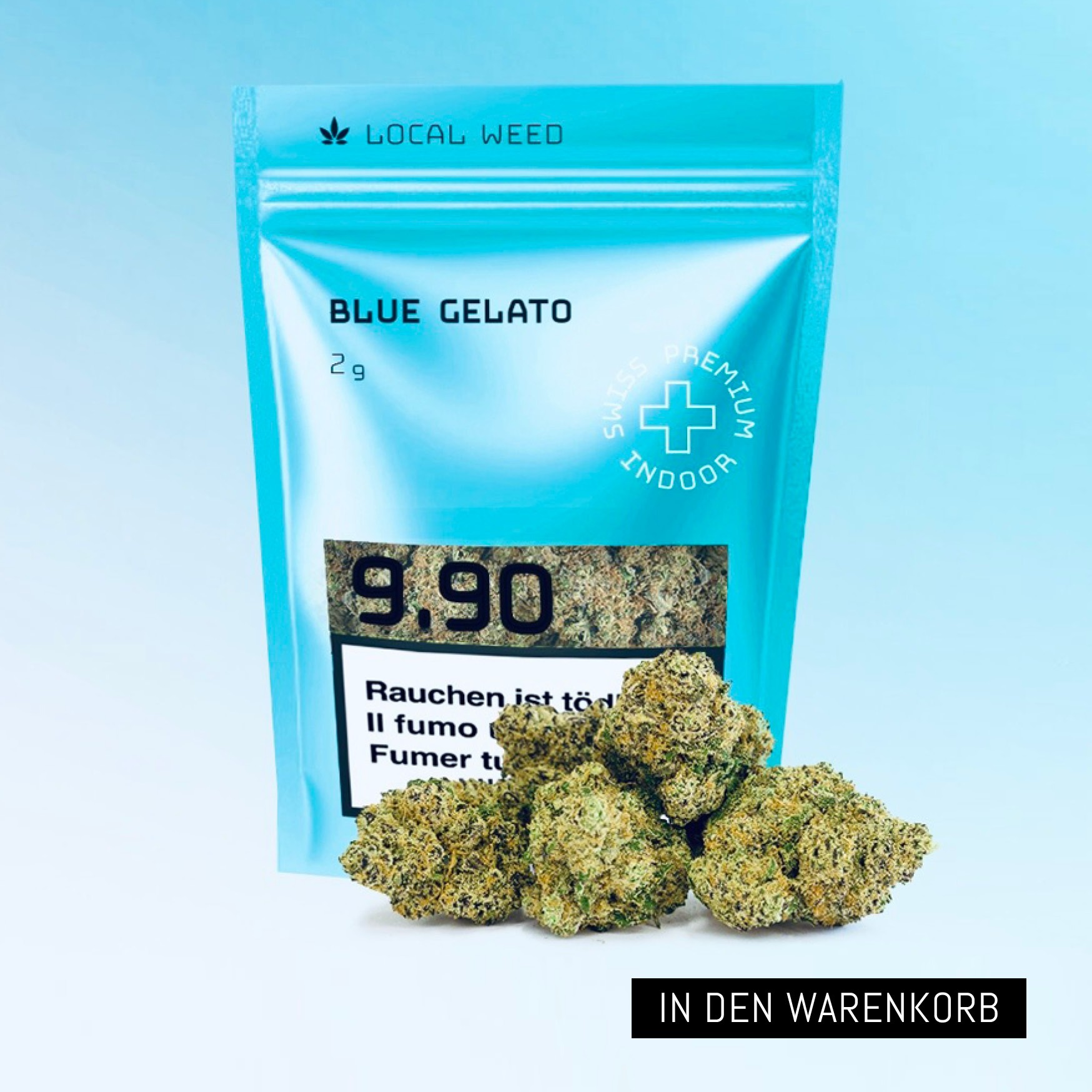 Eine blaue Verpackung von Localweed mit der Aufschrift 'Blue Gelato' und 'Swiss Premium Indoor'. Die Packung enthält 2g CBD Blüten, die vor der Verpackung zu sehen sind. Der Preis beträgt nur 9.90.