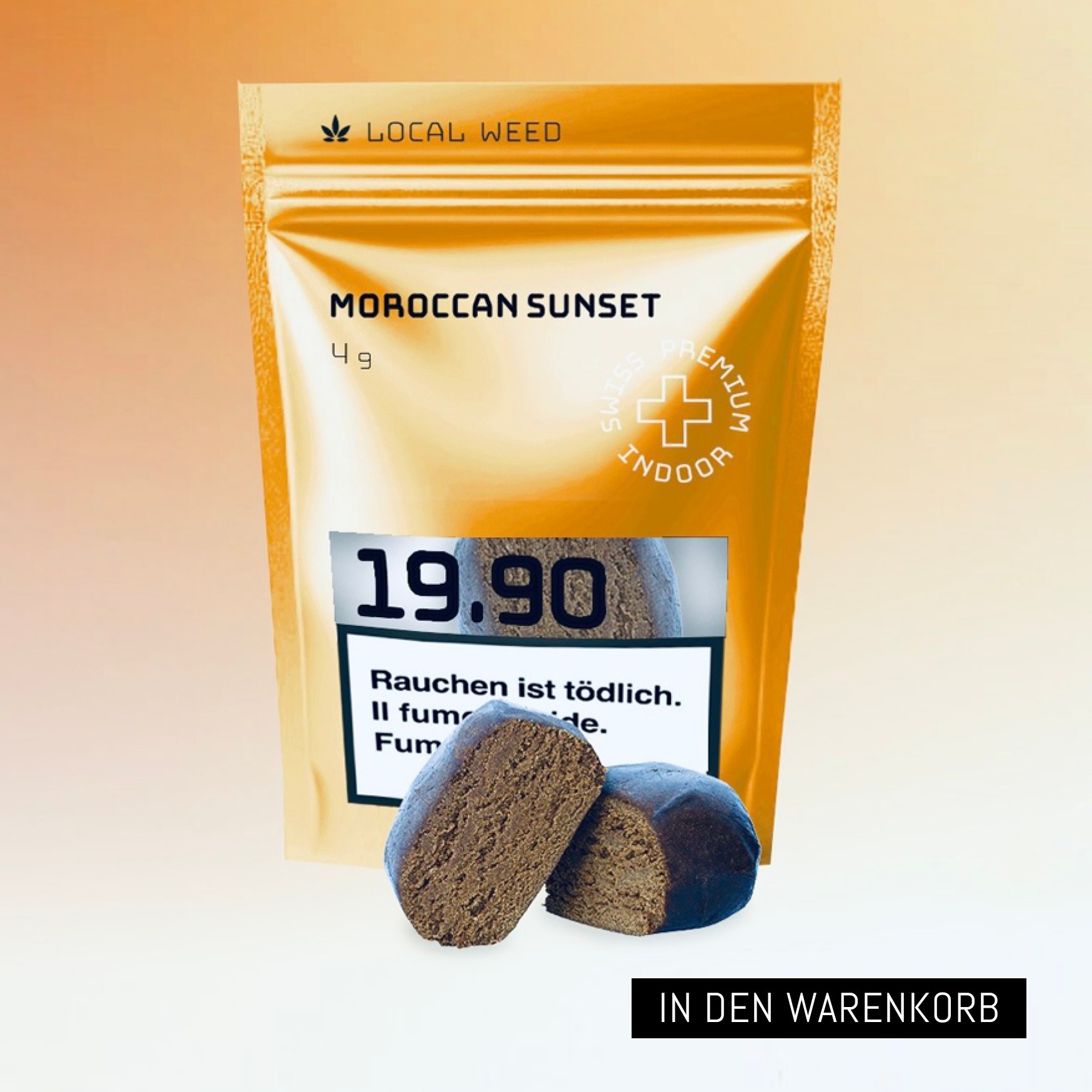 Eine orangefarbene Verpackung von Localweed mit der Aufschrift 'Moroccan Sunset' und 'Swiss Premium Indoor'. Die Packung enthält 4g premium schweizer CBD Hasch, das vor der Verpackung zu sehen ist. Der Preis beträgt 19.90.
