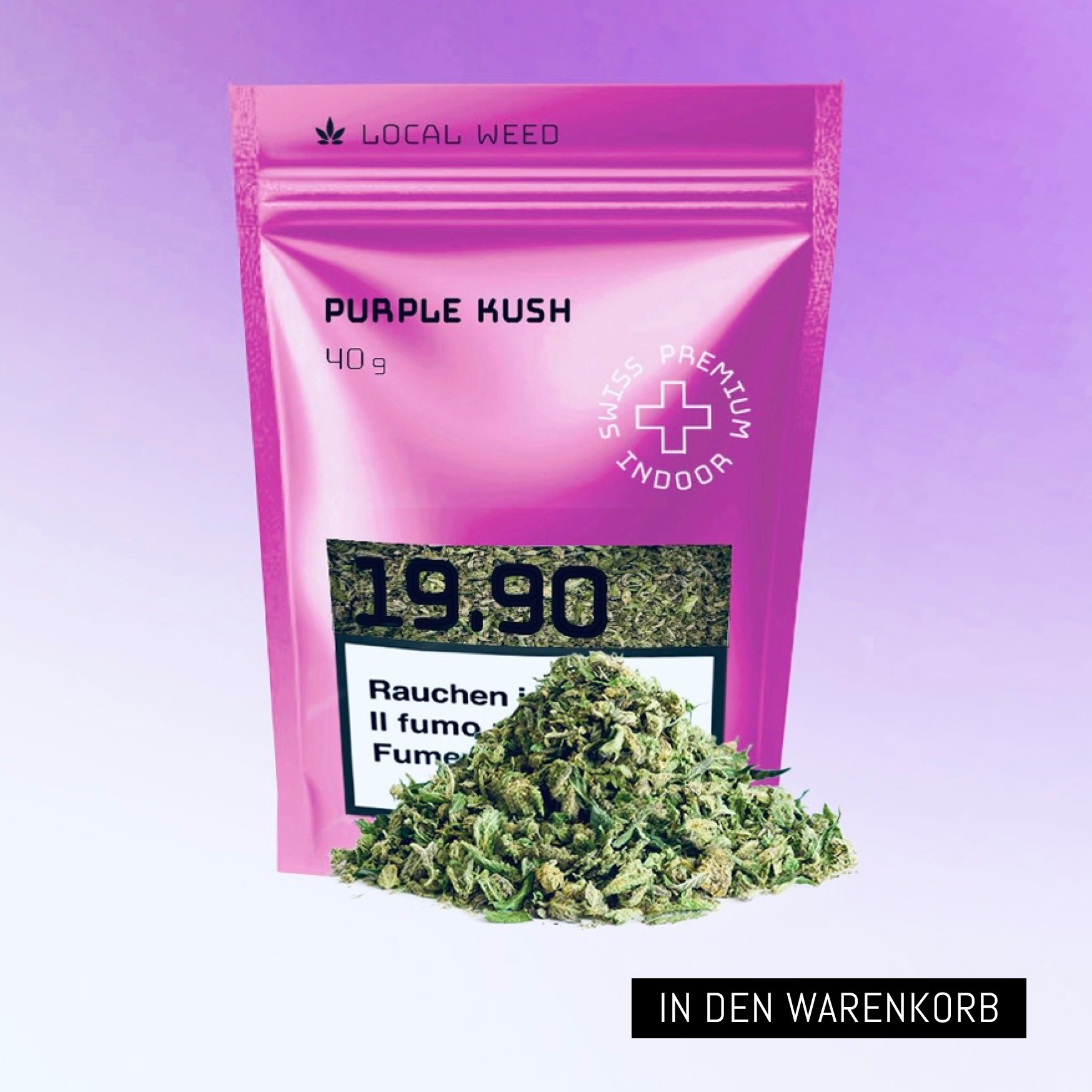 Eine lila Verpackung von Localweed mit der Aufschrift 'Purple Kush' und 'Swiss Premium Indoor'. Die Packung enthält 40g CBD Blüten, die vor der Verpackung zu sehen sind. Der Preis beträgt 19.90.
