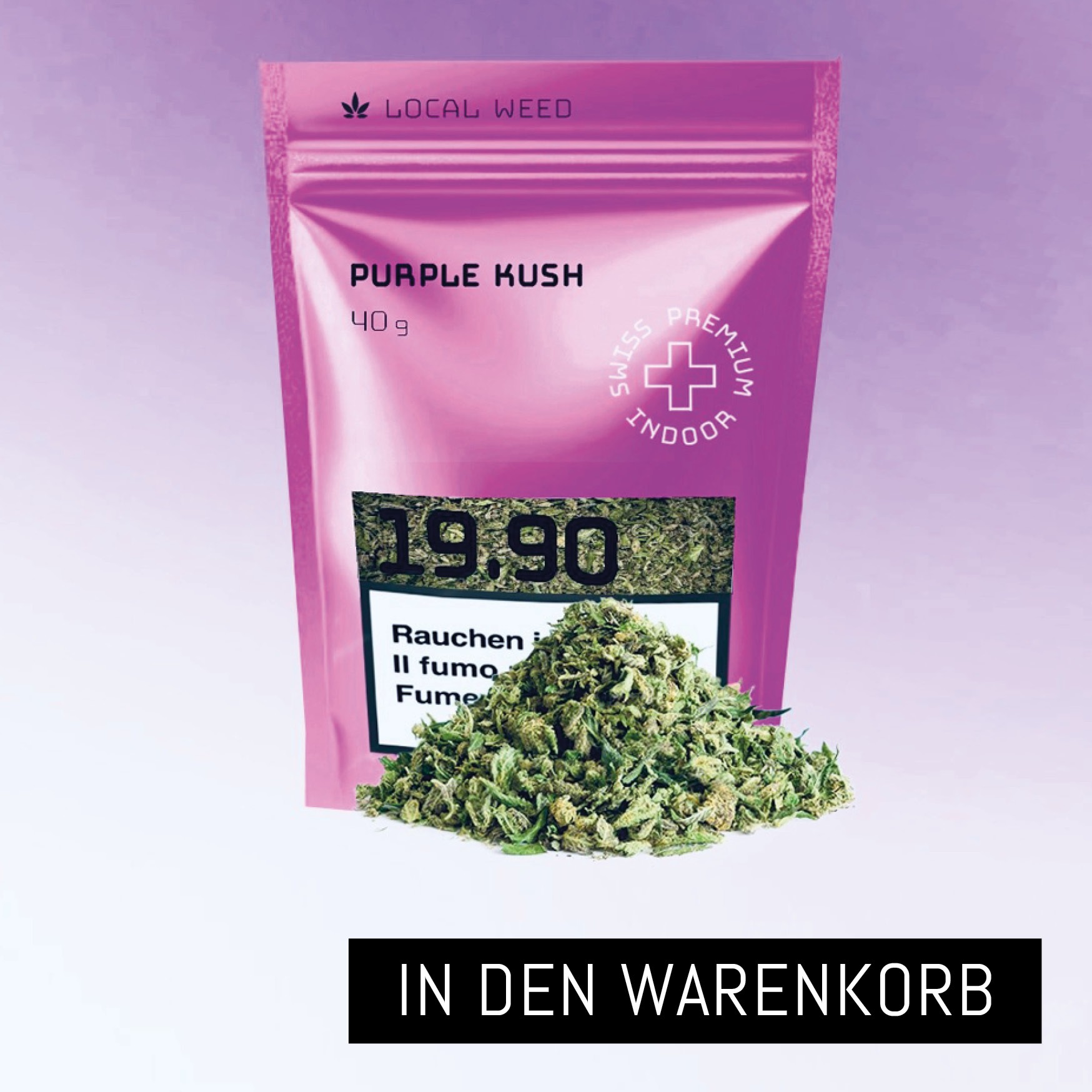 Eine lila Verpackung von Localweed mit der Aufschrift 'Purple Kush' und 'Swiss Premium Indoor'. Die Packung enthält 40g CBD Blüten, die vor der Verpackung zu sehen sind. Der Preis beträgt 19.90.