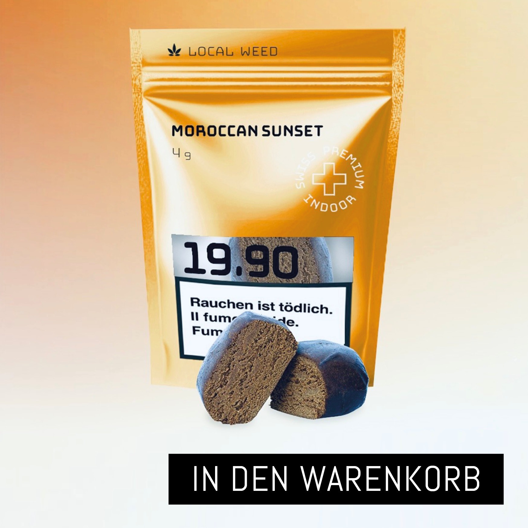 Eine orangefarbene Verpackung von Localweed mit der Aufschrift 'Moroccan Sunset' und 'Swiss Premium Indoor'. Die Packung enthält 4g premium schweizer CBD Hasch, das vor der Verpackung zu sehen ist. Der Preis beträgt 19.90.