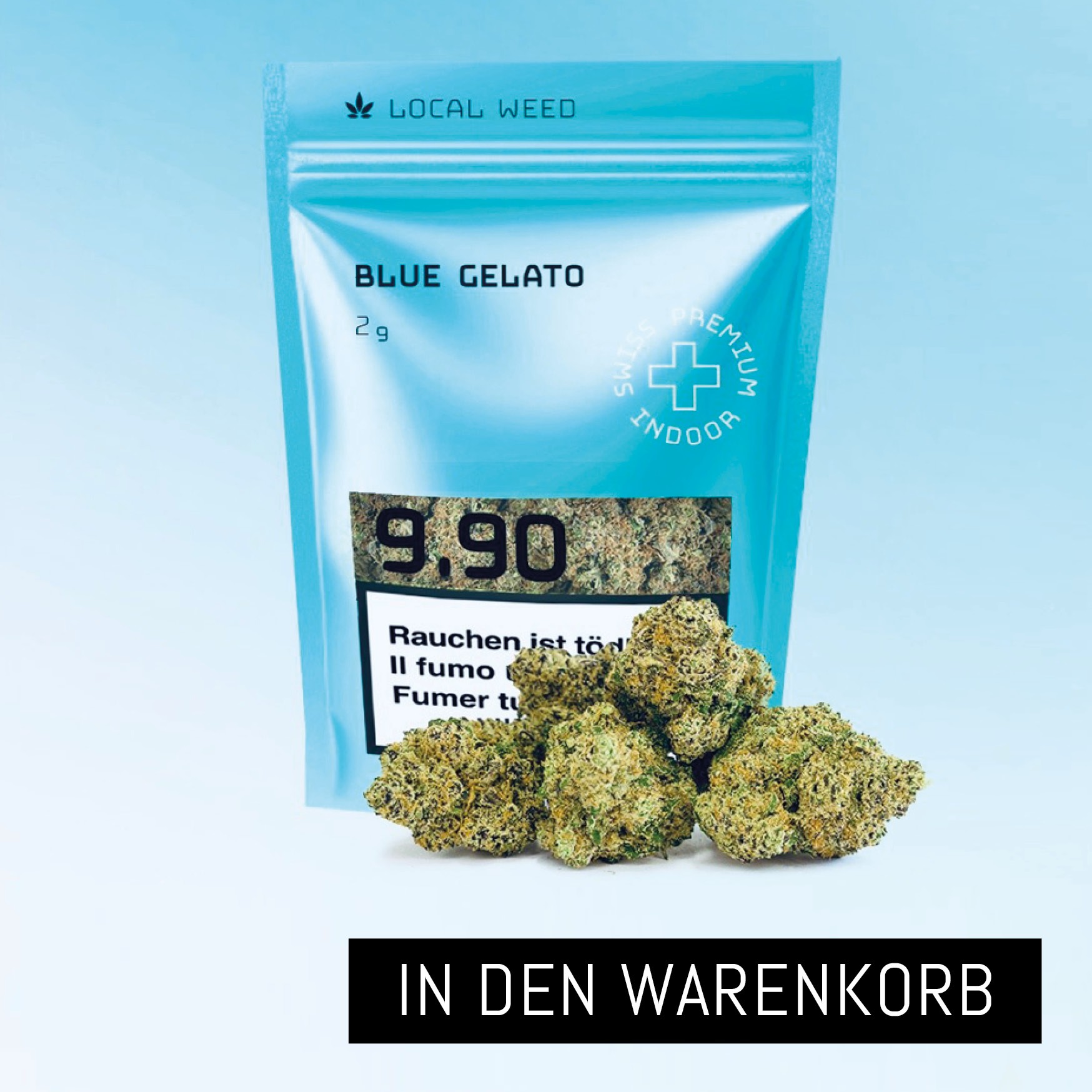 Eine blaue Verpackung von Localweed mit der Aufschrift 'Blue Gelato' und 'Swiss Premium Indoor'. Die Packung enthält 2g CBD Blüten, die vor der Verpackung zu sehen sind. Der Preis beträgt nur 9.90.