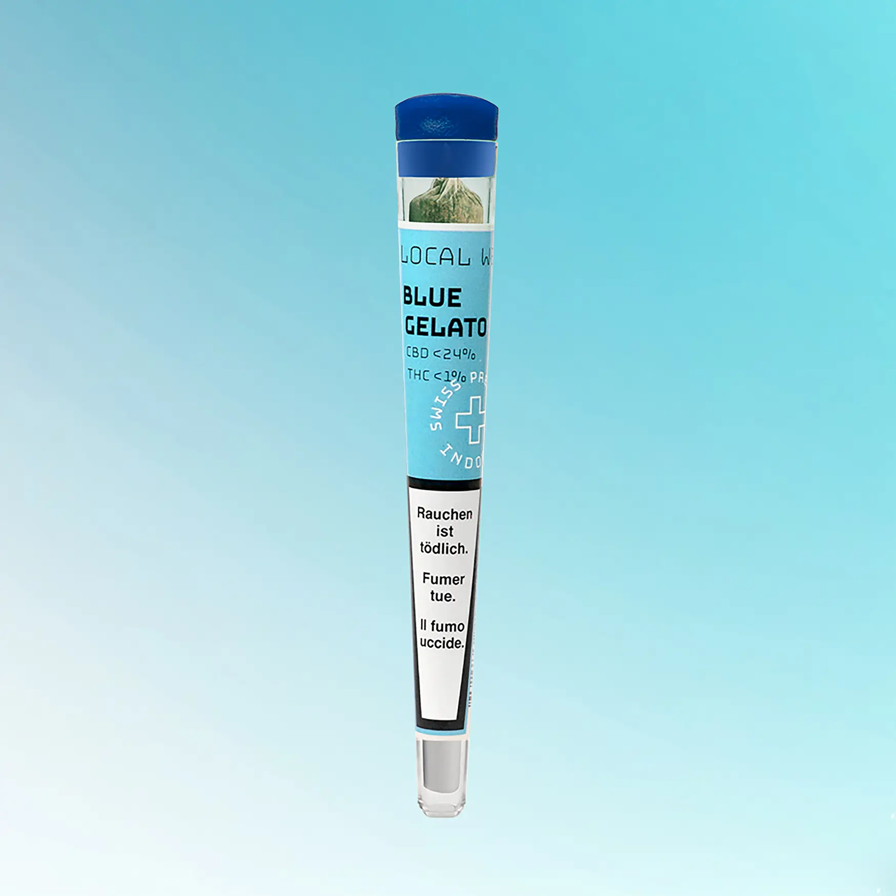 Blue Gelato Preroll von Local Weed in einer transparenten Kunststoffverpackung mit blauem Deckel