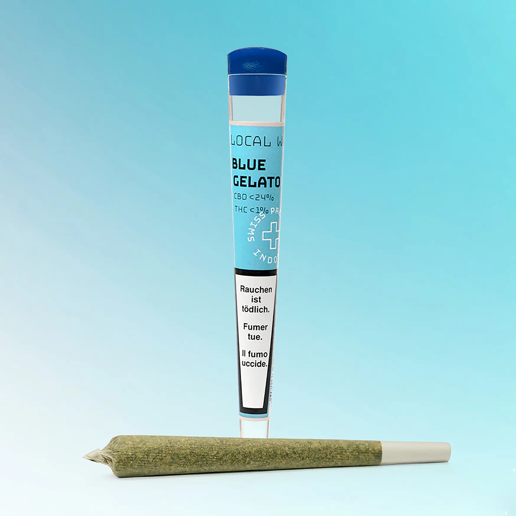 Blue Gelato Preroll von Local Weed in einer transparenten Kunststoffverpackung mit blauem Deckel und einzeln präsentierter Joint, begleitet von einem NEU-Icon. Enthält