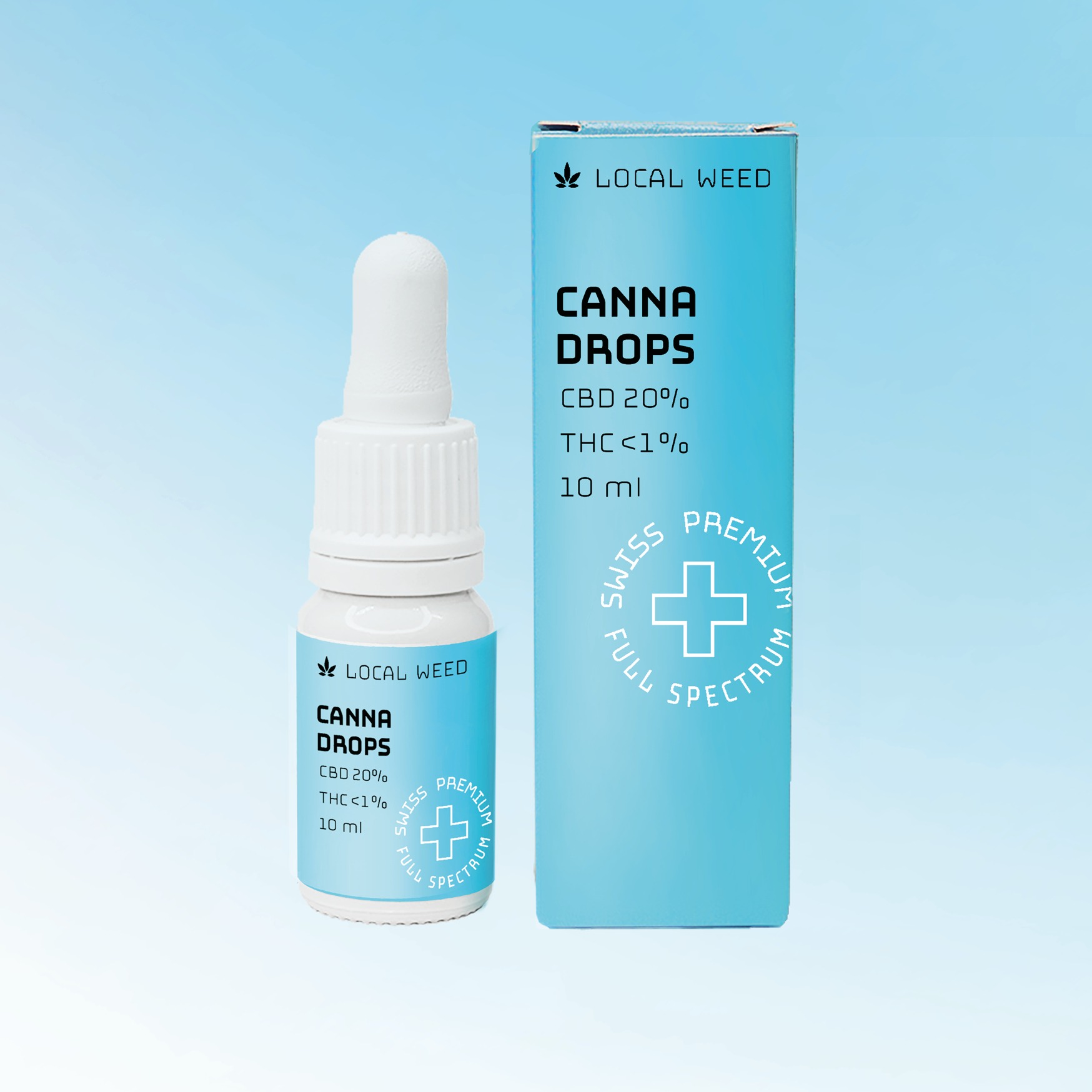 Canna Drops CBD Öl 20% von Local Weed, präsentiert mit einer Pipettenflasche und passender blauer Verpackung vor einem hellblauen Hintergrund.