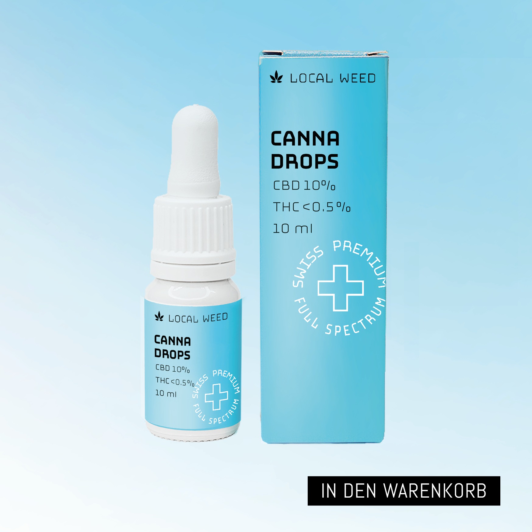 Bild von CBD Öl mit Blauer Verpackung und weisser Tropfflasche daneben. Beschriftet mit Canna Drops CBD Tropfen und Button "in den Warenkorb" in der unteren Rechten Ecke.
