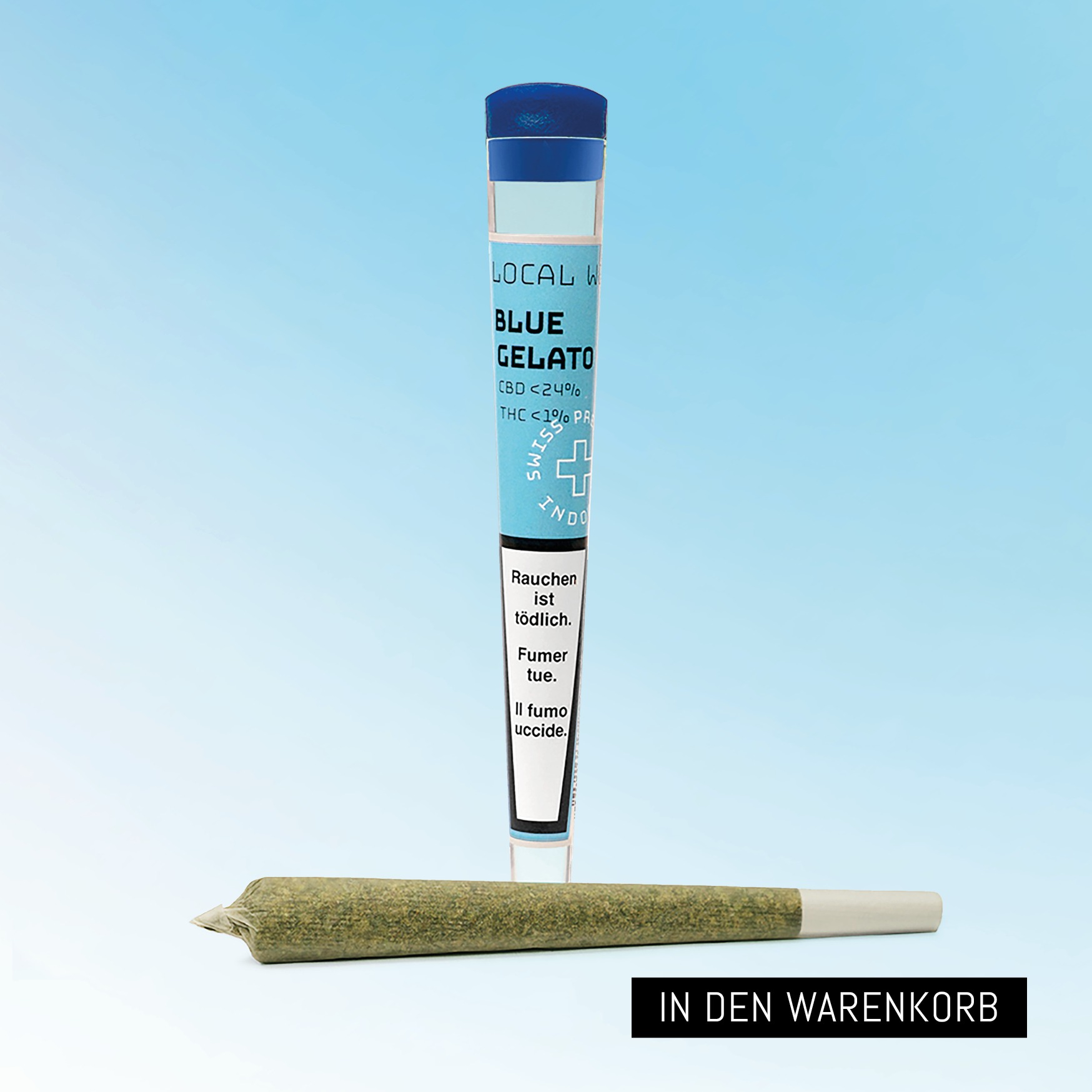 Ein liegener CBD Joint for einem stehenden Plastikröhrchen beschriftet mit Blue Gelato Prerolled Joint auf Blauem Hintergrund mit einem kleinen "In den Warenkorb" Button im unteren Rechten Ecken.