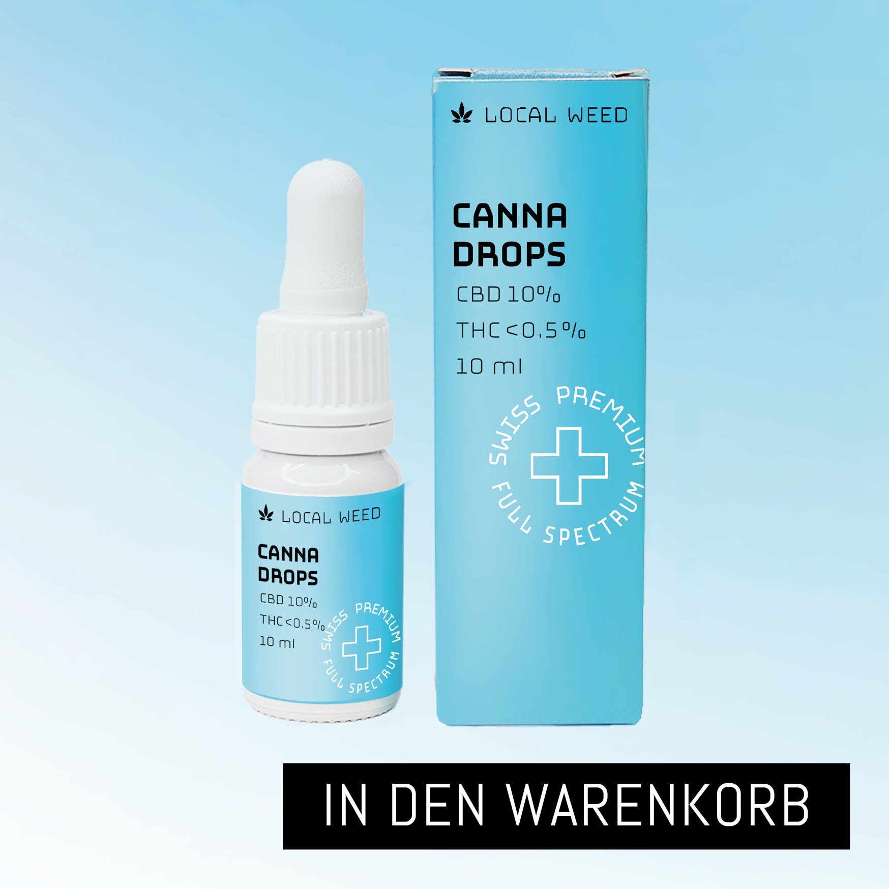 Bild von CBD Öl mit Blauer Verpackung und weisser Tropfflasche daneben. Beschriftet mit Canna Drops CBD Tropfen und Button "in den Warenkorb" in der unteren Rechten Ecke
