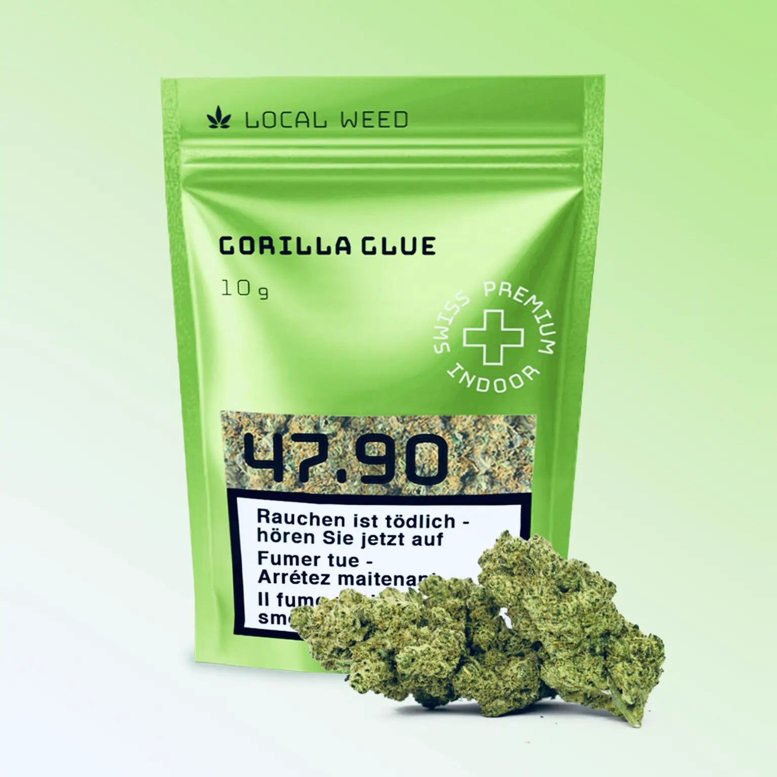 Die Local Weed Gorilla Glue 10g Packung in leuchtendem Grün steht für hochwertiges Swiss Premium Indoor CBD. Im Vordergrund liegen dichte, harzige Blüten, die für ihr intensives Aroma und ihre hohe Qualität bekannt sind.