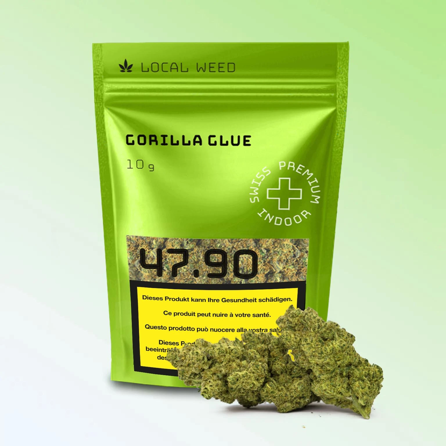 Die Local Weed Gorilla Glue 10g Packung in leuchtendem Grün steht für hochwertiges Swiss Premium Indoor CBD. Im Vordergrund liegen dichte, harzige Blüten, die für ihr intensives Aroma und ihre hohe Qualität bekannt sind.