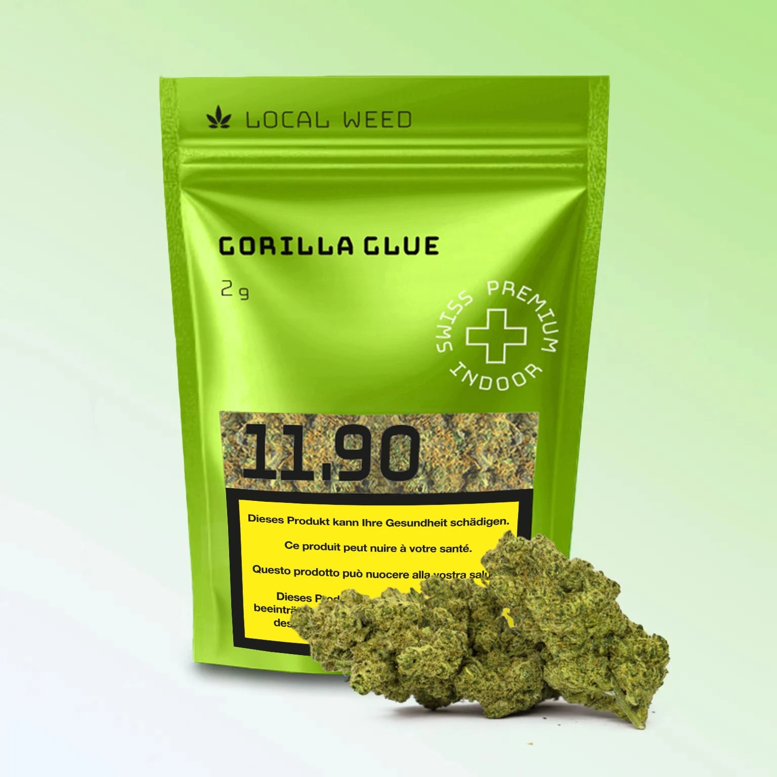 Die Local Weed Gorilla Glue 2g Packung in leuchtendem Grün steht für hochwertiges Swiss Premium Indoor CBD. Im Vordergrund liegen dichte, harzige Blüten, die für ihr intensives Aroma und ihre hohe Qualität bekannt sind.