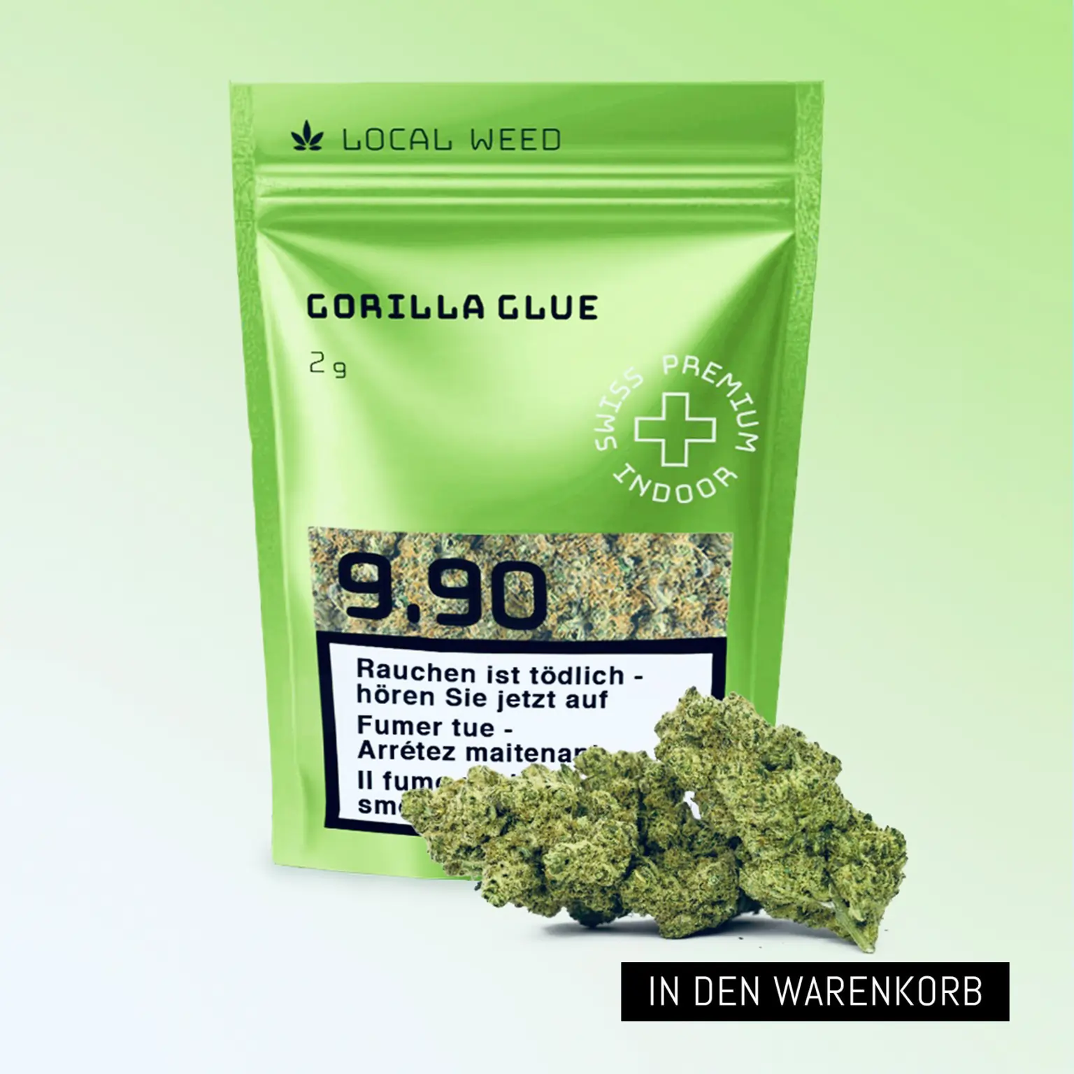Produktfoto der Cannabissorte Gorilla Glue von Local Weed: grüne Verpackung mit Aufdruck 'Swiss Premium Indoor', Preis 9.90 CHF, darunter hochwertige, harzige Cannabisblüten.
