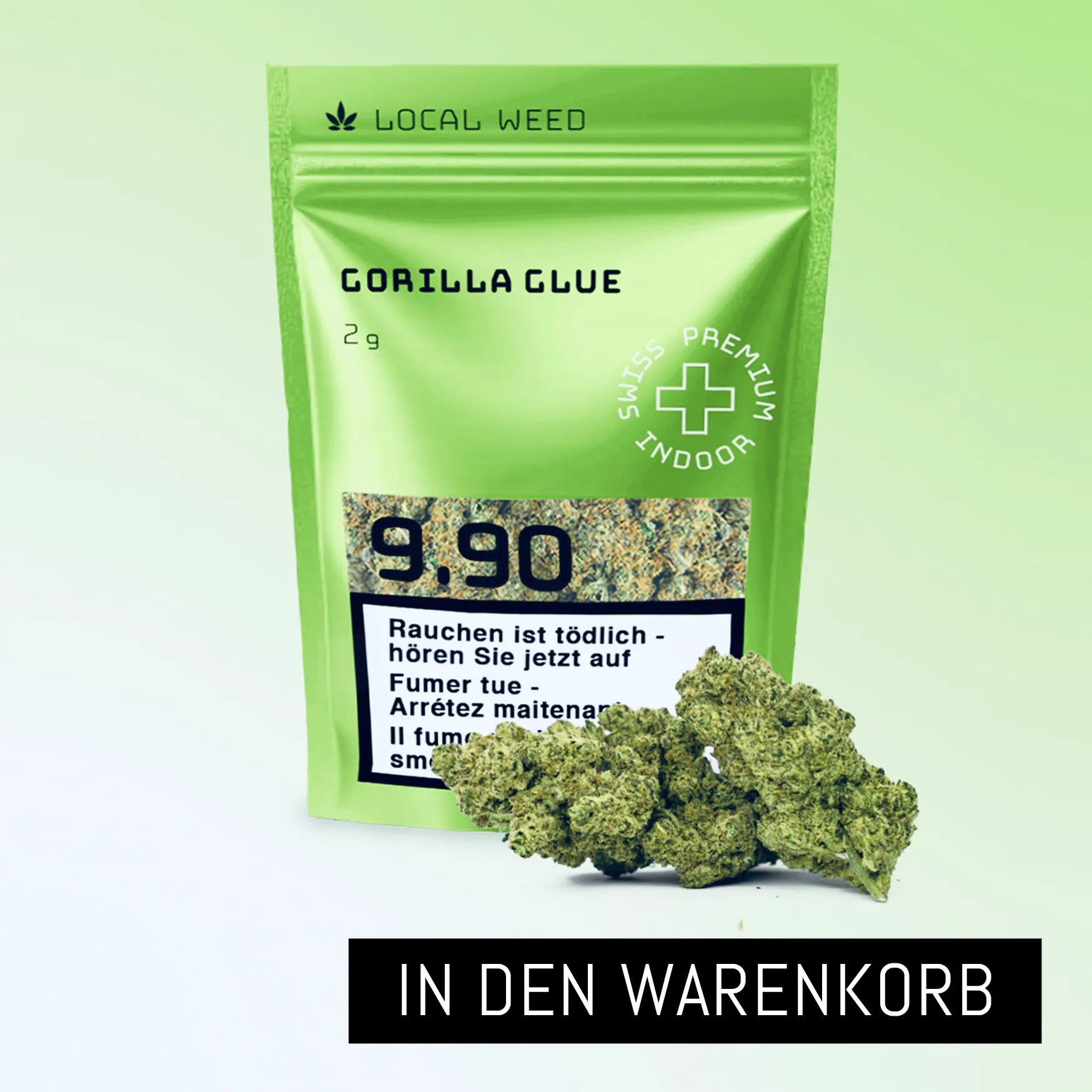 Produktfoto der Cannabissorte Gorilla Glue von Local Weed: grüne Verpackung mit Aufdruck 'Swiss Premium Indoor', Preis 9.90 CHF, darunter hochwertige, harzige Cannabisblüten.