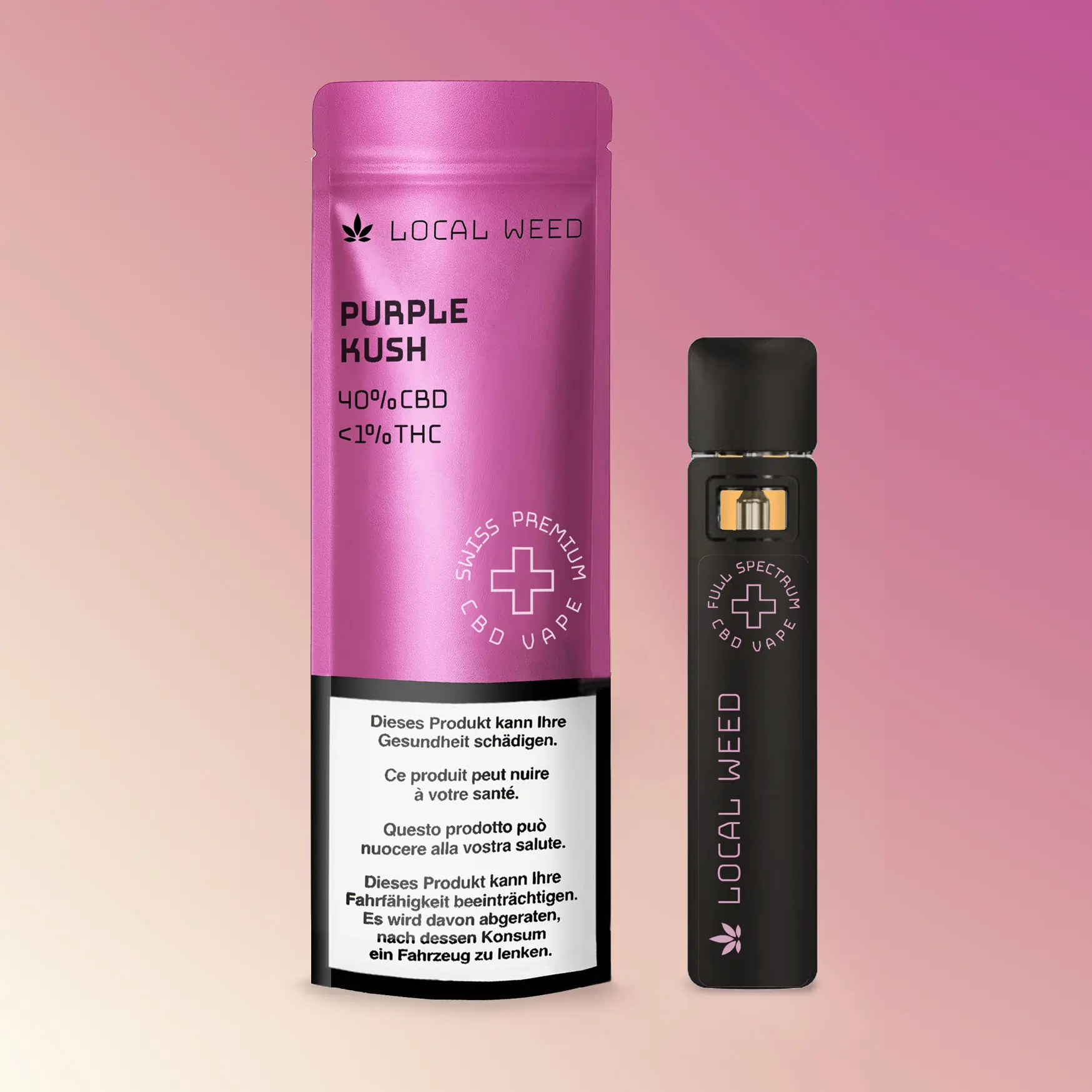 LOCAL WEED CBD Vape Purple Kush mit 40 % CBD und unter 1 % THC – dargestellt mit pink-violetter Verpackung und schwarzem Vape Pen vor farbigem Verlaufshintergrund.