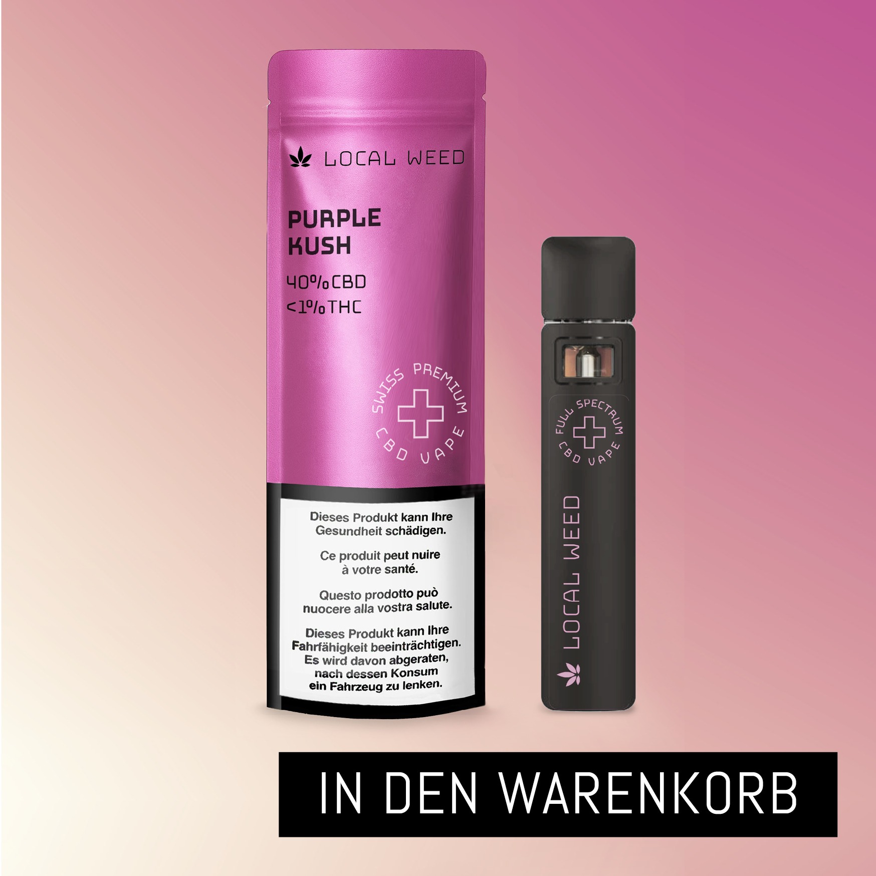 Vollspektrum CBD Vape Purple Kush von LOCAL WEED mit 40 % CBD und unter 1 % THC, dargestellt mit pink-violetter Verpackung und eleganter Vape vor farbigem Hintergrund.