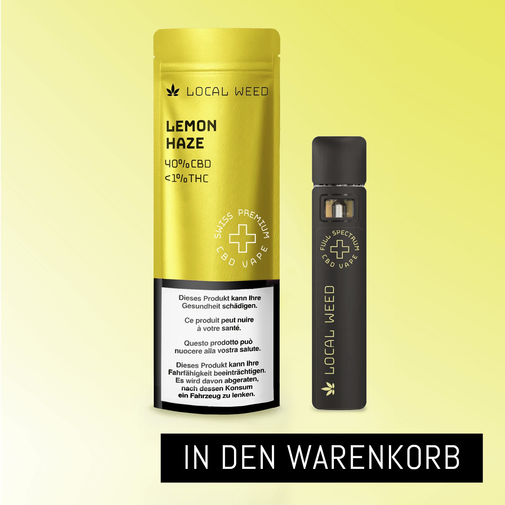 CBD Vape Vollspektrum Lemon Haze von LOCAL WEED mit 40 % CBD und 0.9% THC