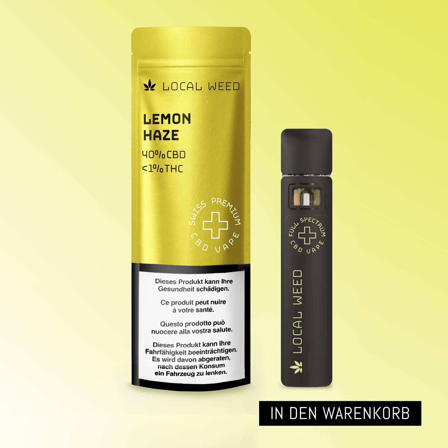 CBD Vape Vollspektrum Lemon Haze von LOCAL WEED mit 40 % CBD und 0.9% THC