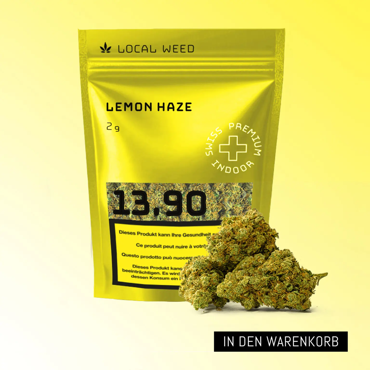 eine gelbe Verpackung von Local Weed Lemon Haze 2 g mit hochwertigen Swiss Premium Indoor CBD-Blüten. Im Vordergrund liegen dichte, grün-goldene Buds – ein attraktives Produktfoto für den CBD-Shop Schweiz.