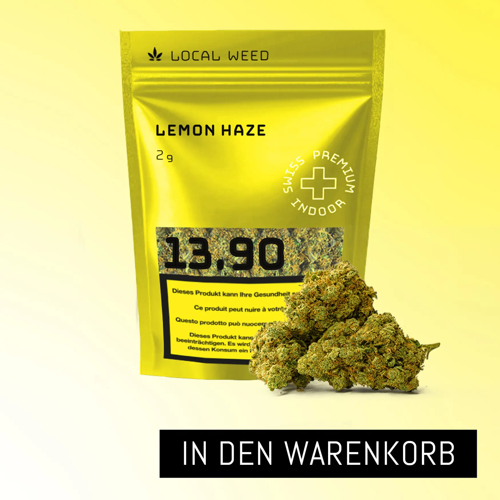 eine gelbe Verpackung von Local Weed Lemon Haze 2 g mit hochwertigen Swiss Premium Indoor CBD-Blüten. Im Vordergrund liegen dichte, grün-goldene Buds – ein attraktives Produktfoto für den CBD-Shop Schweiz.
