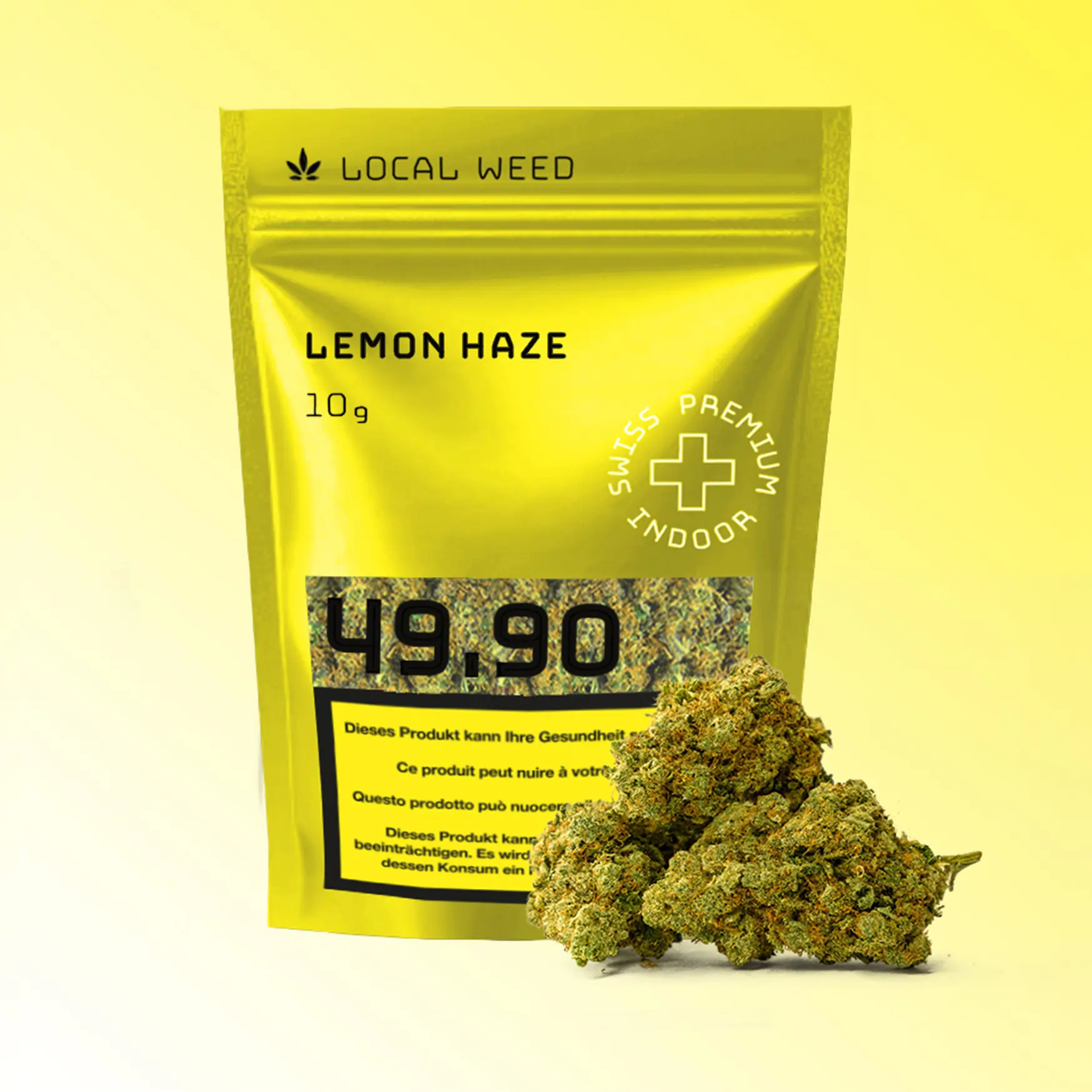 Eine gelbe Verpackung von Local Weed Lemon Haze (10 g) mit sichtbaren CBD-Blüten davor. Die Packung trägt die Aufschrift „Swiss Premium Indoor“ und den Preis von 49.90 CHF, was auf hochwertige Schweizer CBD-Qualität hinweist.