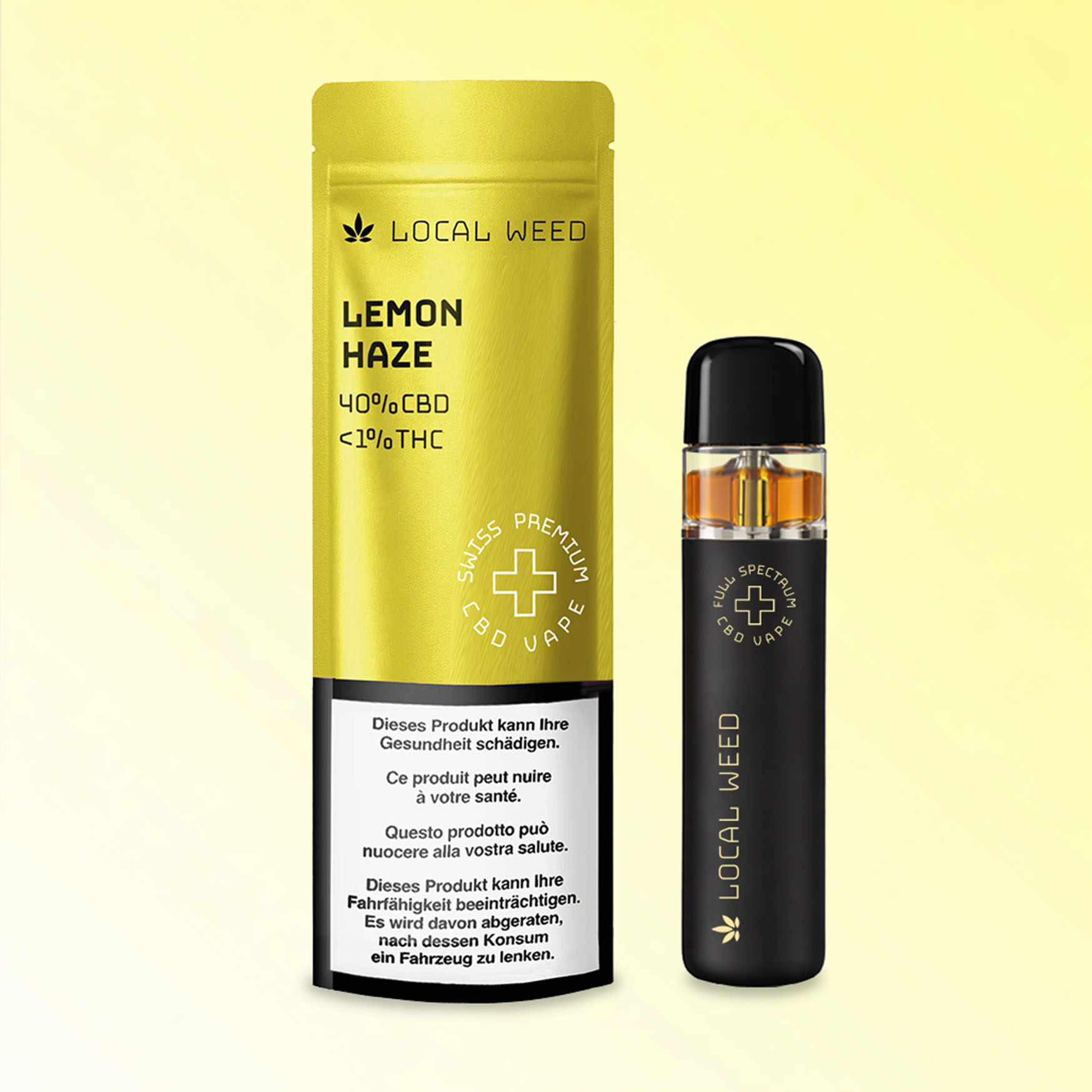 CBD Vape Pen mit Verpackung in der Sorte Lemon Haze vor gelbem, hellem Hintergrund