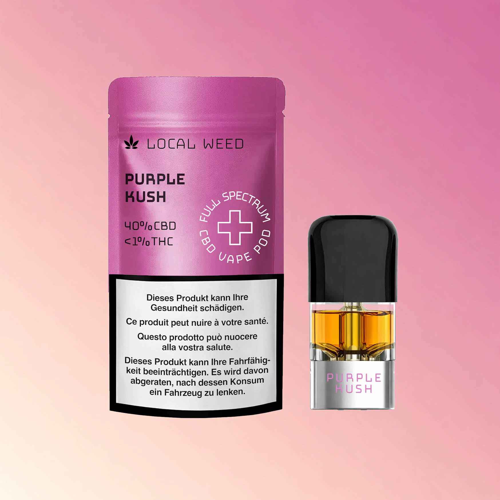 CBD Vape Pod mit Verpackung in der Sorte Purple Kush vor violettem Hintergrund