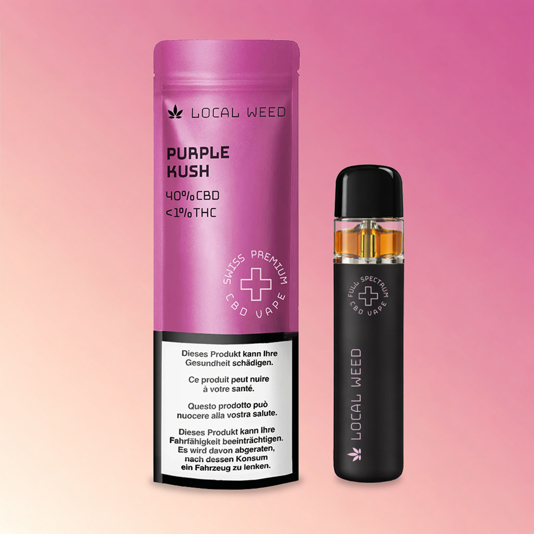 CBD Vape Pen mit Verpackung in der Sorte Purple Kush vor violettem Hintergrund