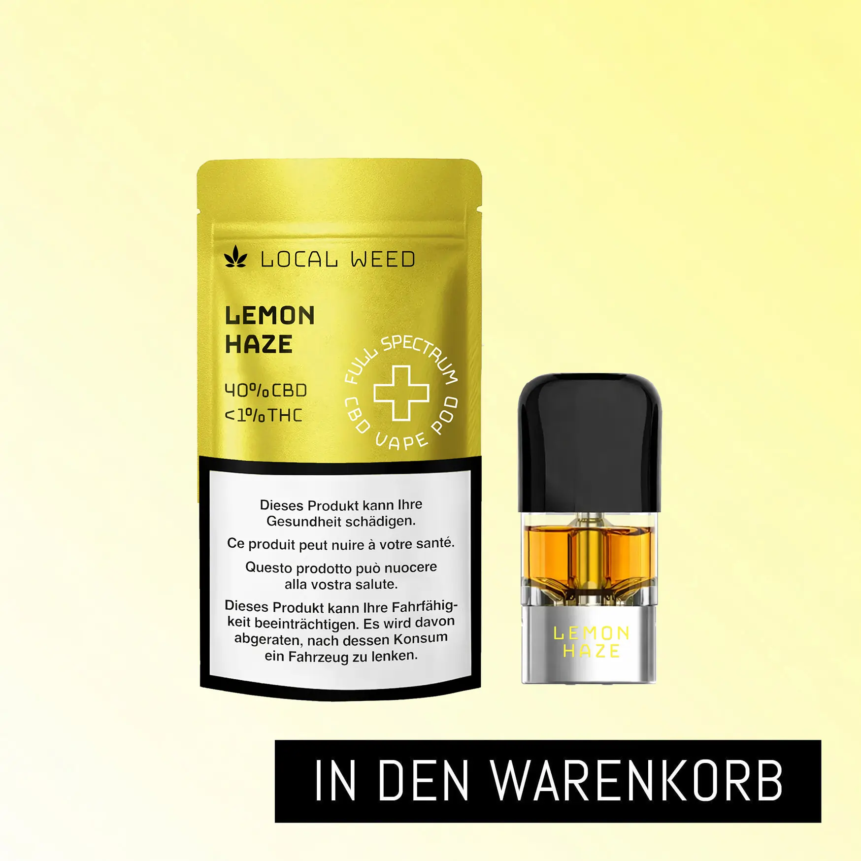 CBD Vape Pod mit Verpackung in der Sorte Lemon Haze vor hellem Hintergrund mit Button ‚In den Warenkorb