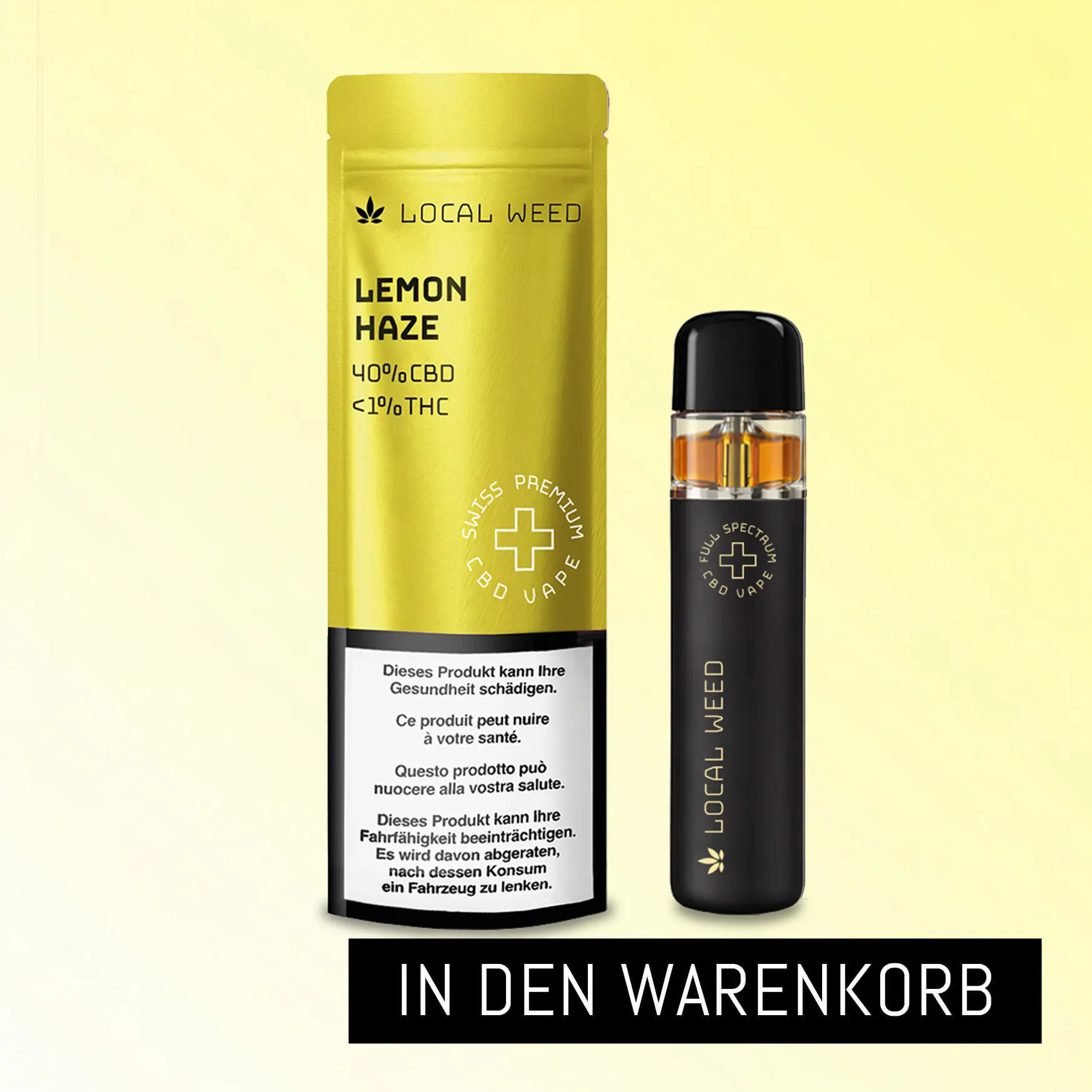 CBD Vape Pen mit Verpackung in der Sorte Lemon Haze vor hellem Hintergrund mit Button ‚In den Warenkorb