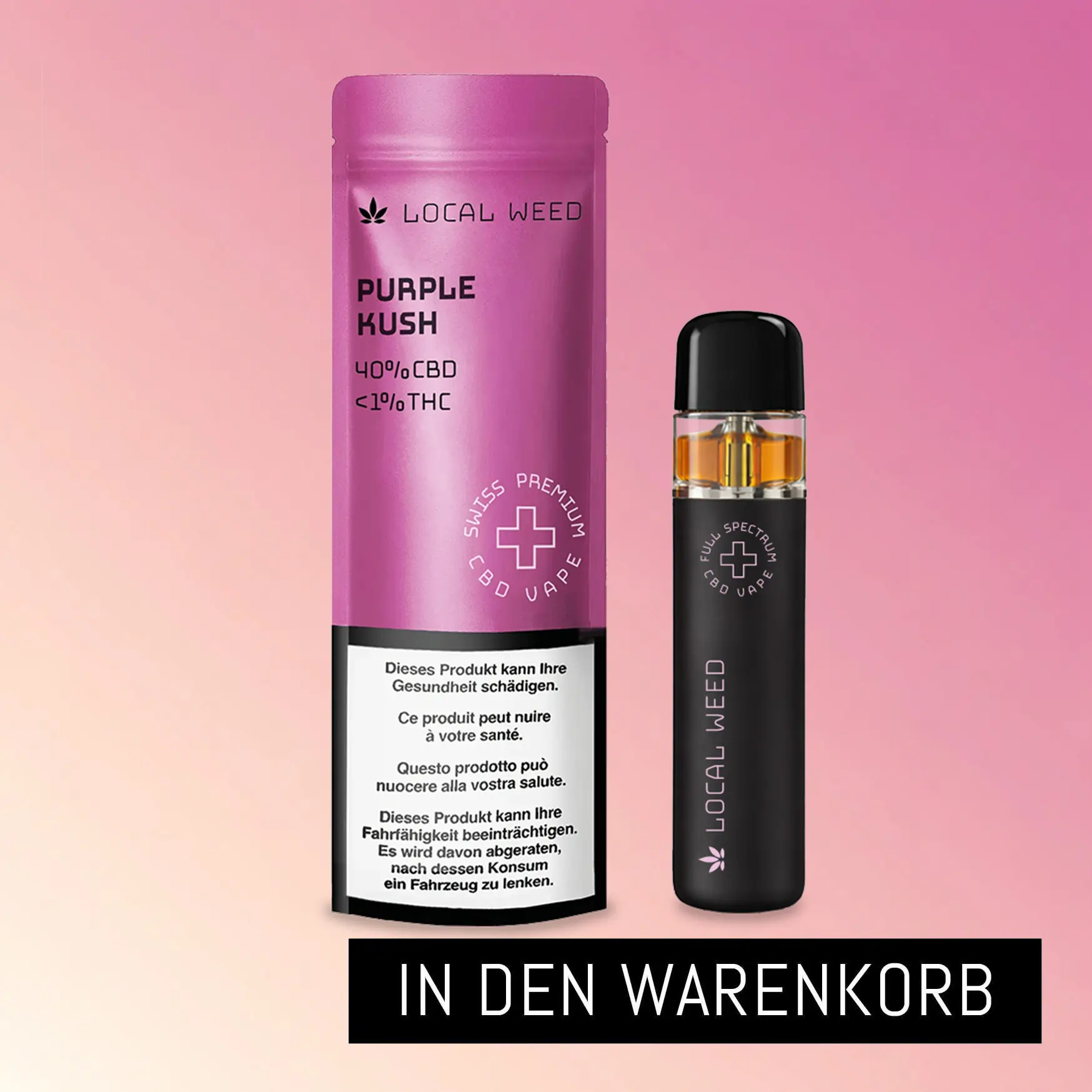 CBD Vape Pen mit Verpackung in der Sorte Purple Kush vor violettem Hintergrund mit Button ‚In den Warenkorb