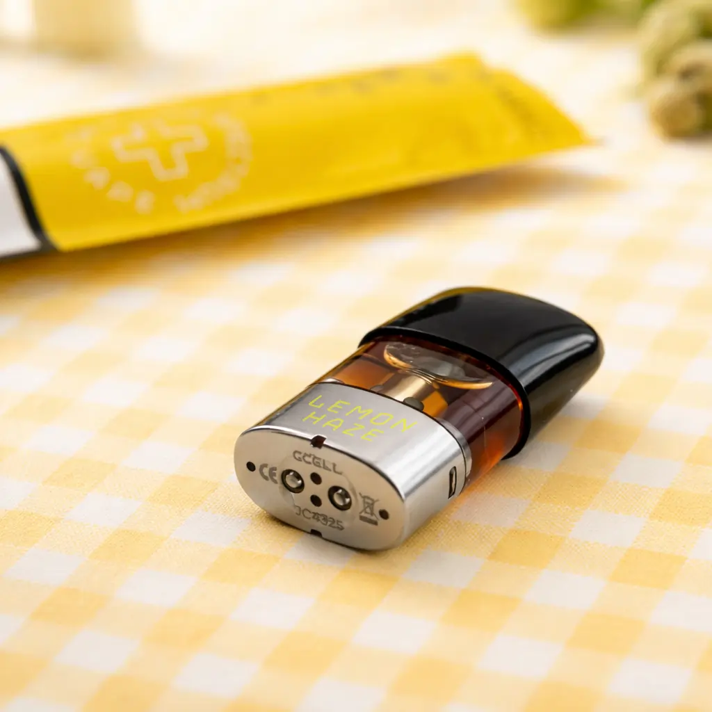 CBD Vape Pod Lemon Haze liegt auf heller Oberfläche in Nahaufnahme