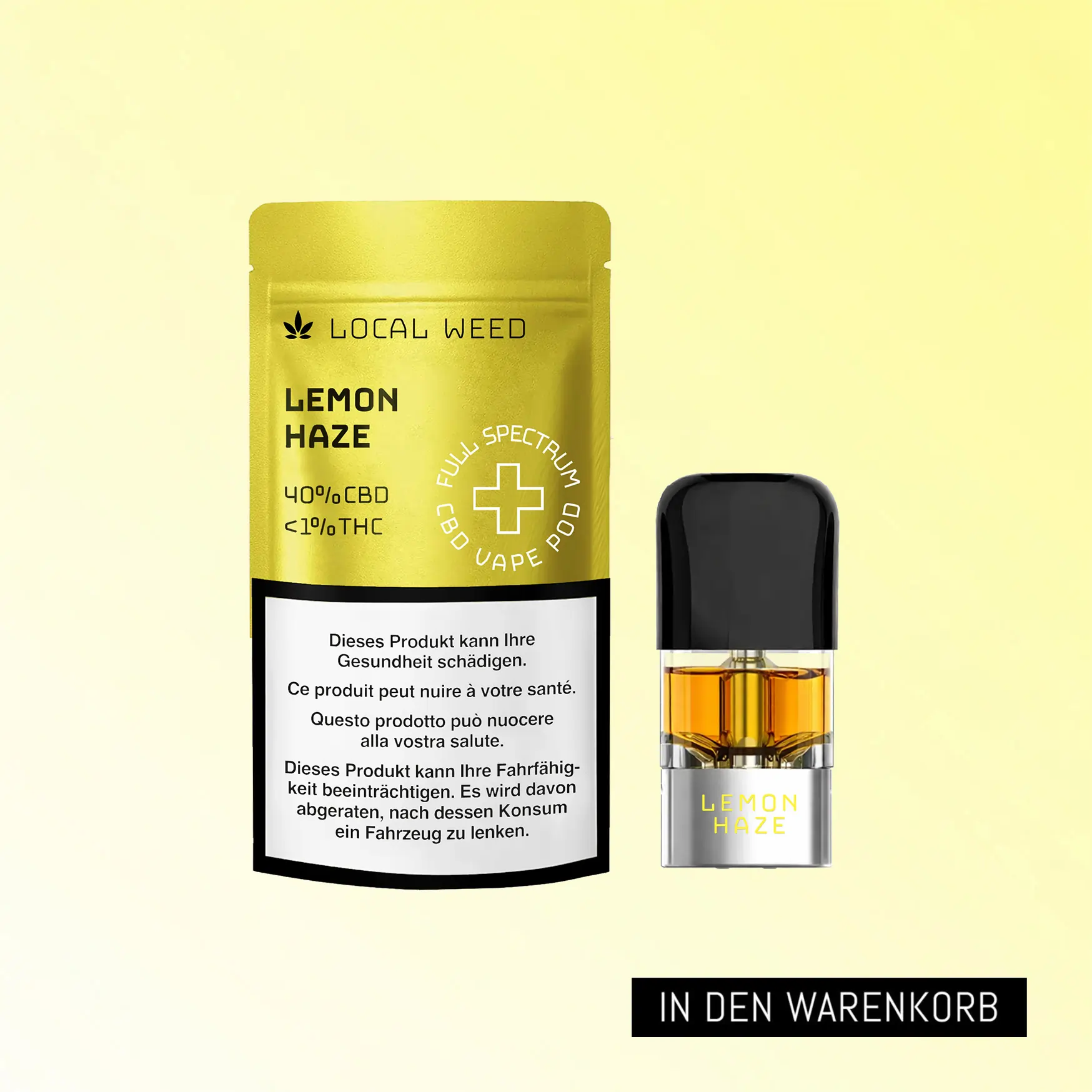 CBD Vape Pod mit Verpackung in der Sorte Lemon Haze vor hellem Hintergrund und schwarzem Warenkorb Button