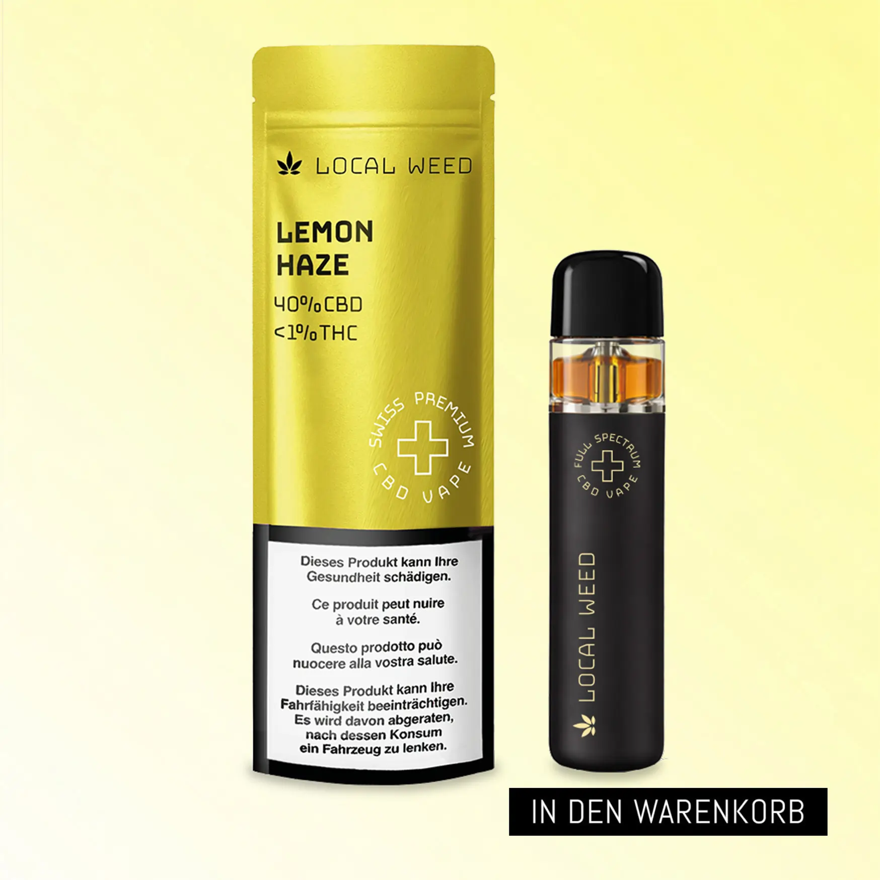 CBD Vape Pen mit Verpackung in der Sorte Lemon Haze vor hellem Hintergrund