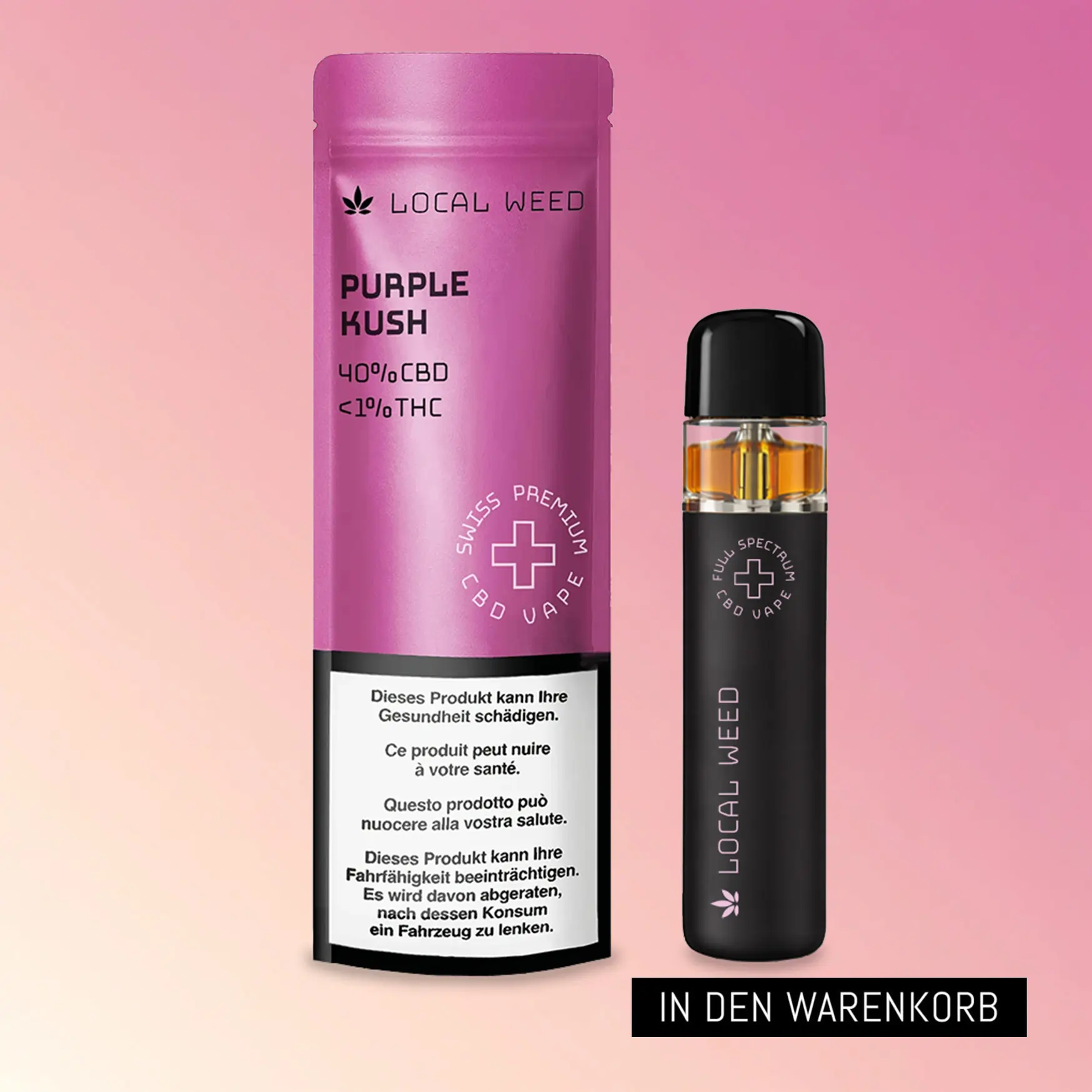 CBD Vape Pen mit Verpackung in der Sorte Purple Kush vor violettem Hintergrund