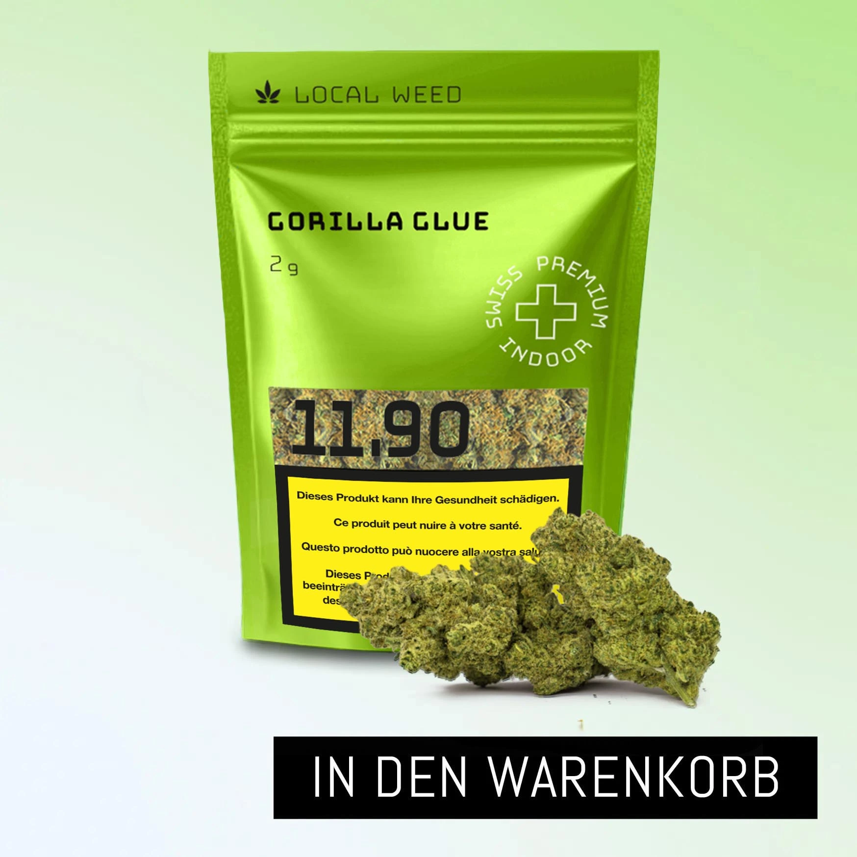 Produktfoto der Cannabissorte Gorilla Glue von Local Weed: grüne Verpackung mit Aufdruck 'Swiss Premium Indoor', Preis 9.90 CHF, darunter hochwertige, harzige Cannabisblüten.