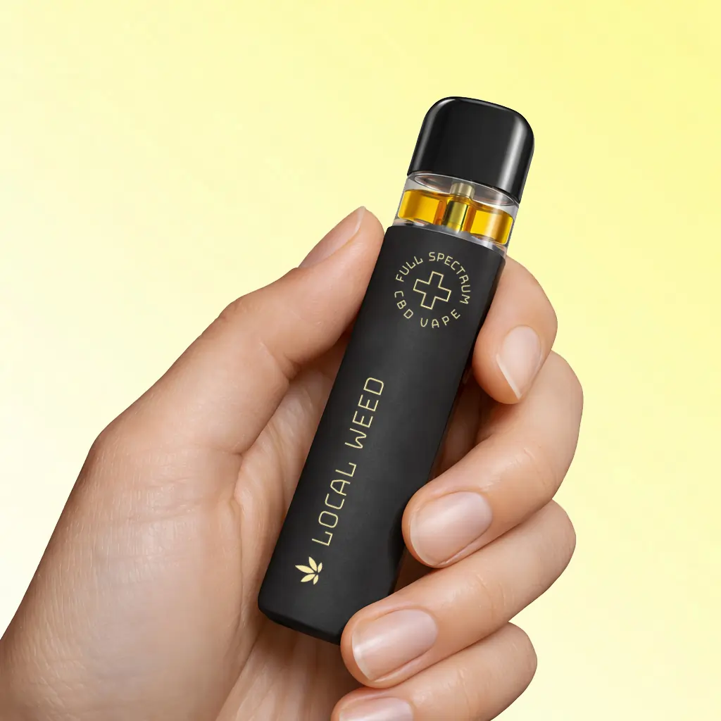 Hand hält einen CBD Vape Pen von Local Weed vor hellem Hintergrund