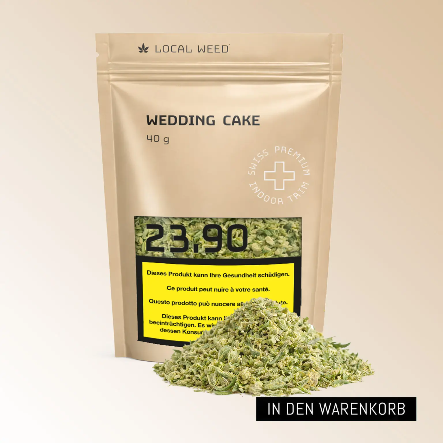 Wedding Cake CBD Blüten 40 g von Local Weed mit zerkleinerten Blüten und Button ‚In den Warenkorb
