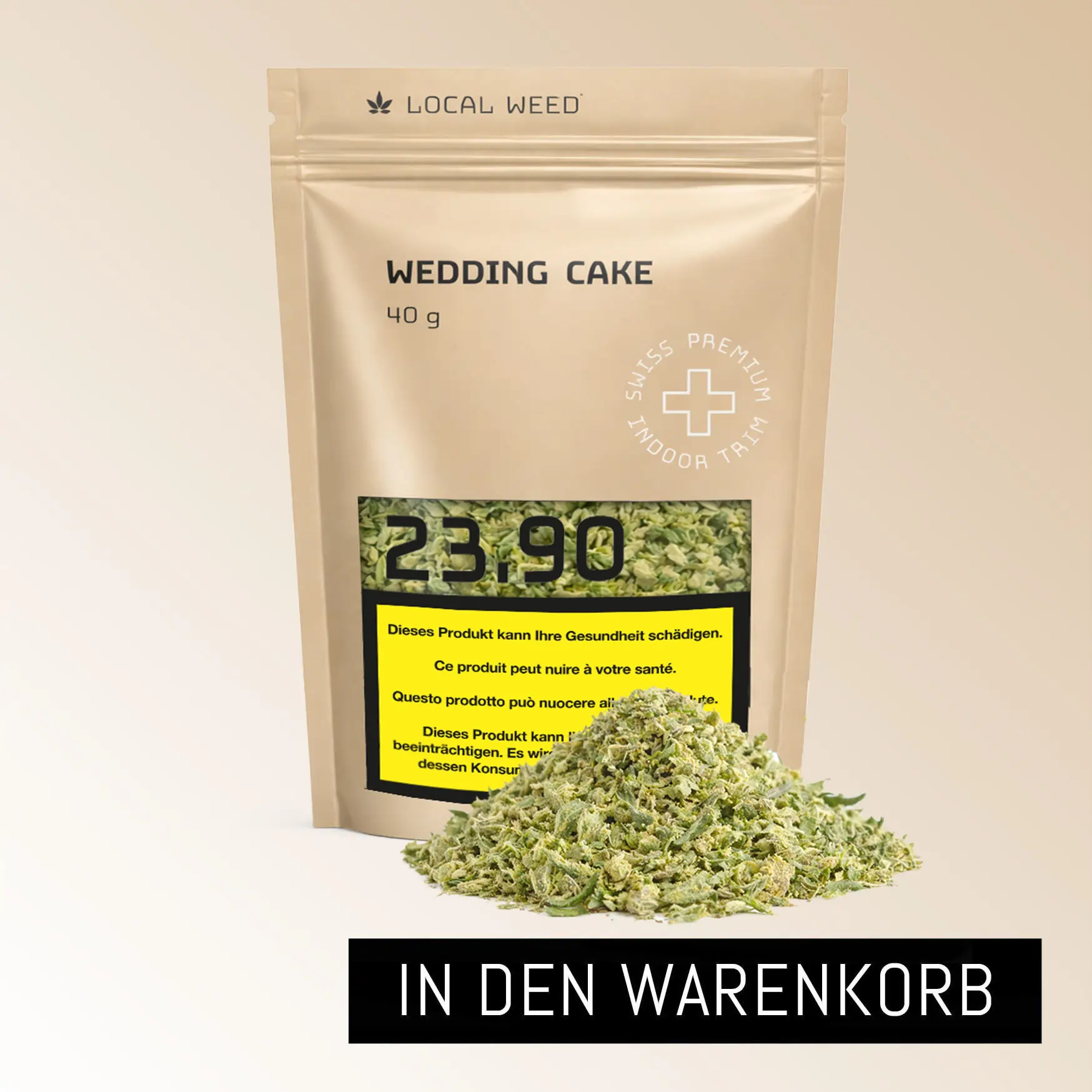 Wedding Cake CBD Blüten 40 g von Local Weed mit zerkleinerten Blüten und Button ‚In den Warenkorb