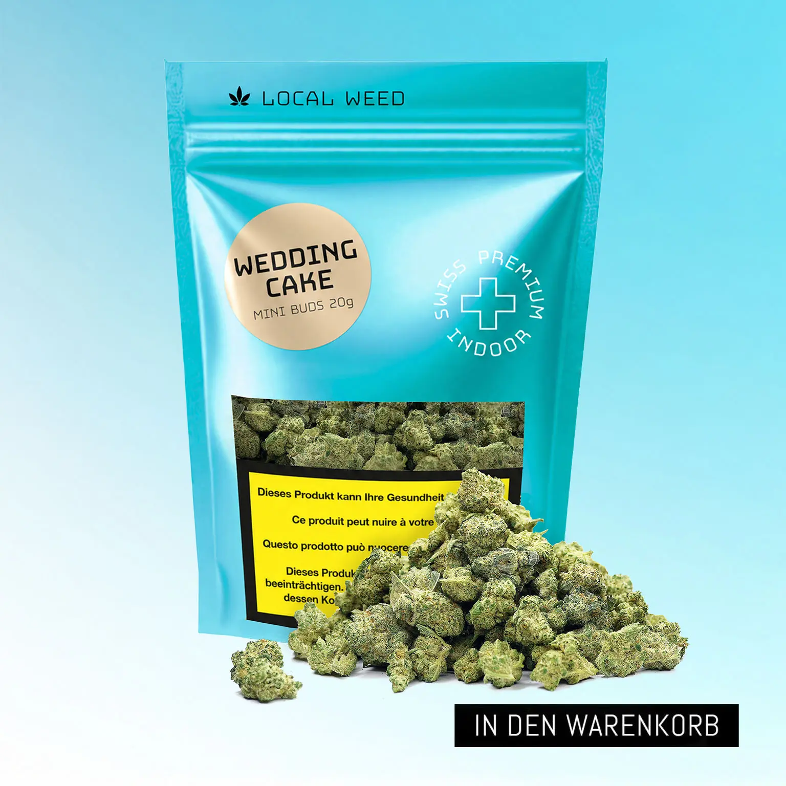 Wedding Cake CBD Mini Buds 20g von Local Weed mit kompakten grünen Cannabisblüten vor der türkisen Verpackung und „In den Warenkorb“-Button.