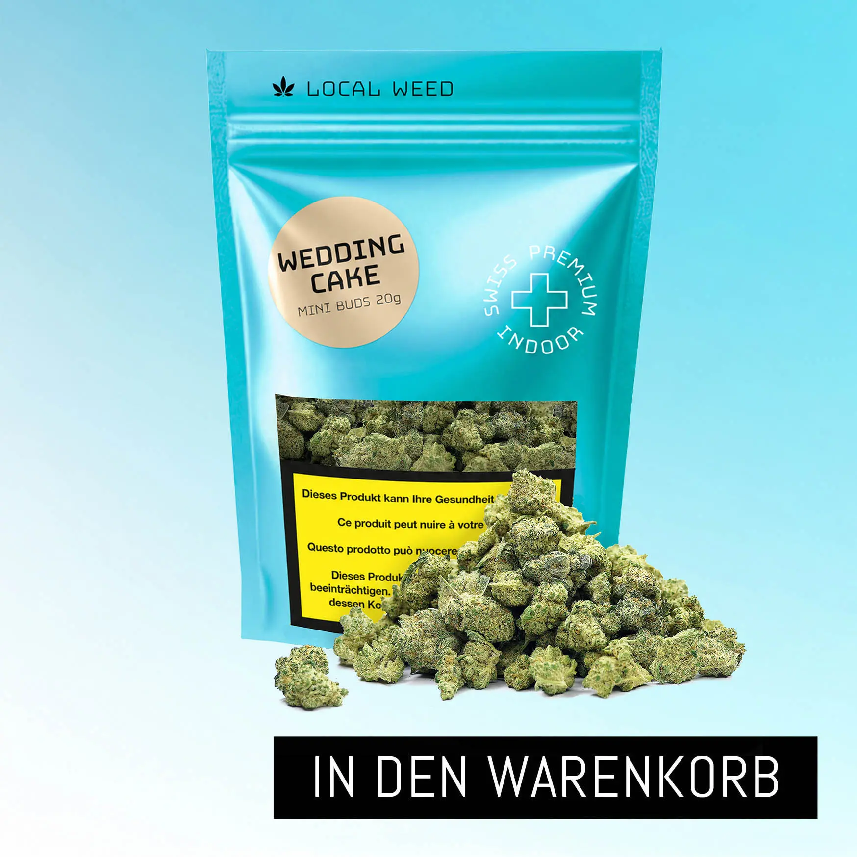 Wedding Cake CBD Mini Buds 20g von Local Weed mit kompakten grünen Cannabisblüten vor der türkisen Verpackung und „In den Warenkorb“-Button.
