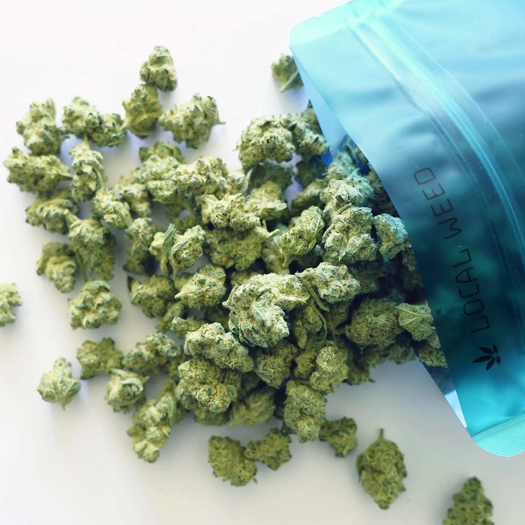 Wedding Cake CBD Mini Buds von Local Weed – kompakte, harzige grüne Cannabisblüten, die aus der türkisfarbenen Verpackung auf eine helle Fläche fallen.